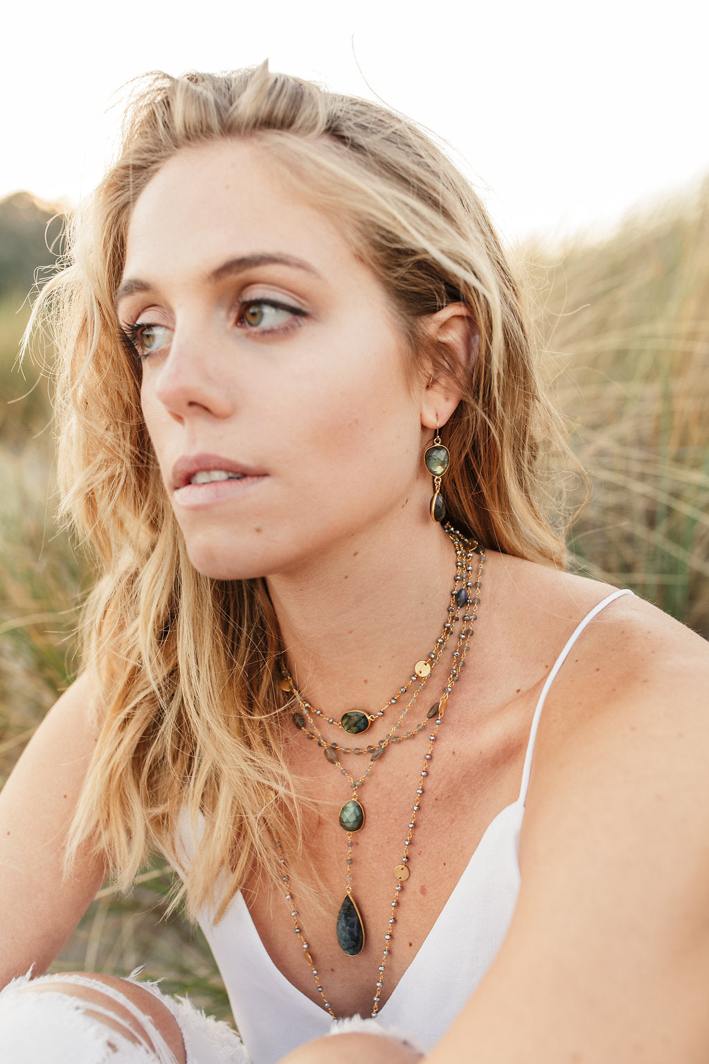 Double Diana Necklace in Labradorite with Drop