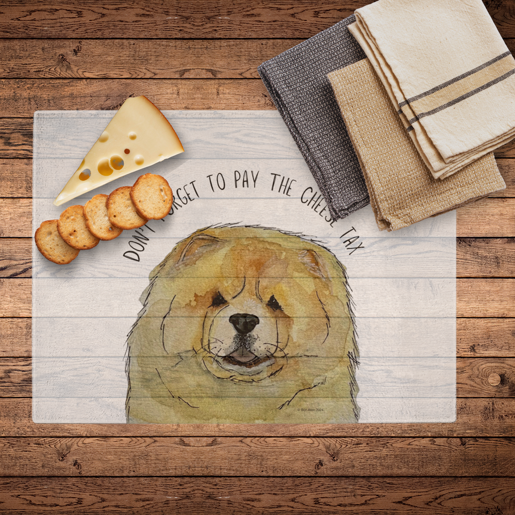 Slice with Style: Fawn Chow Chow "Cheese Tax" Glass Chopping Board