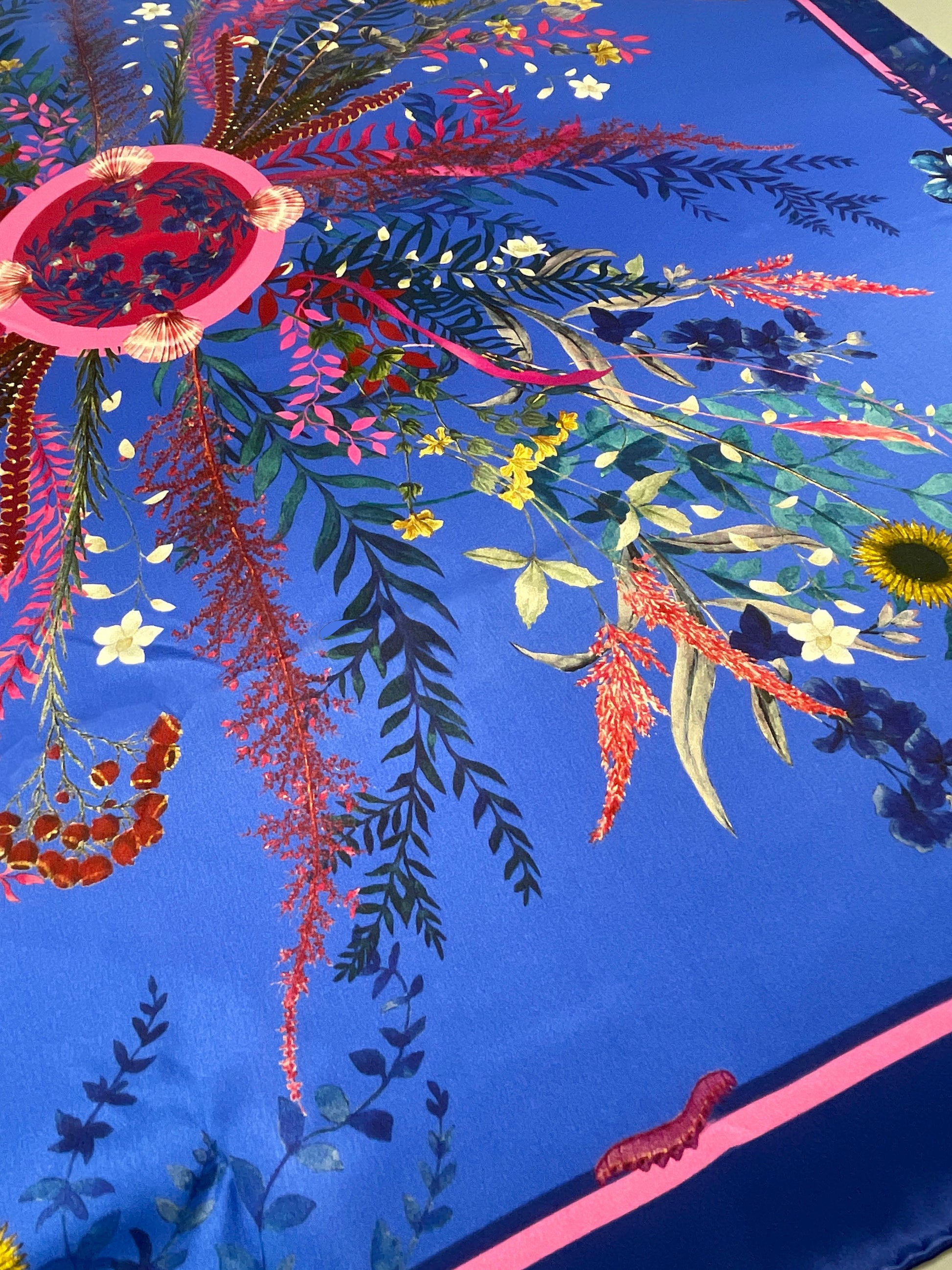 Royal Blue Flourish Silk Scarf with Sunflowers and Wildflowers