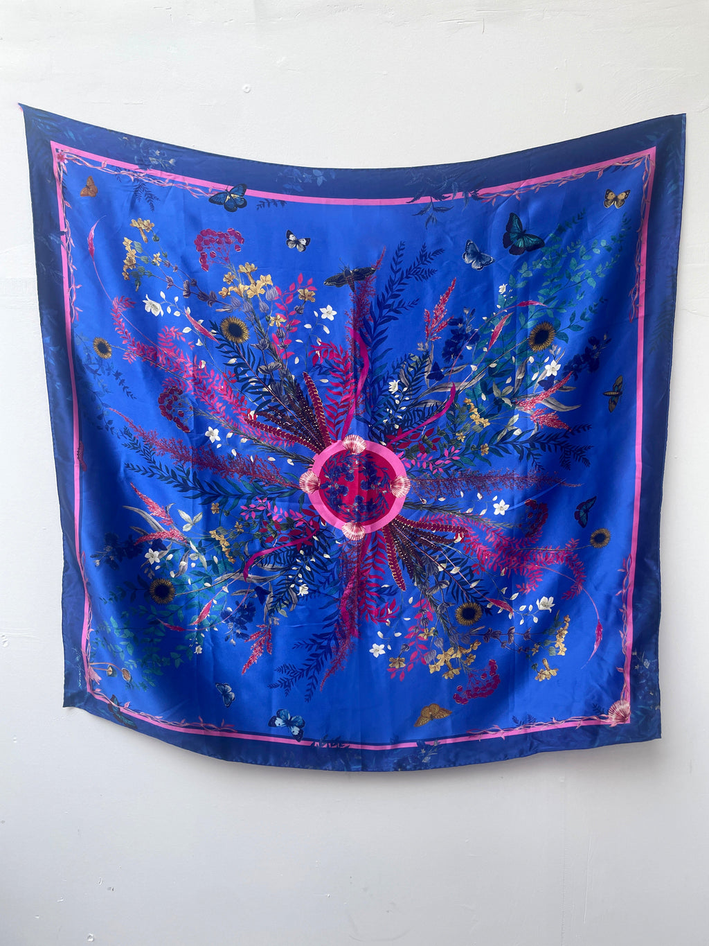 Royal Blue Flourish Silk Scarf with Sunflowers and Wildflowers