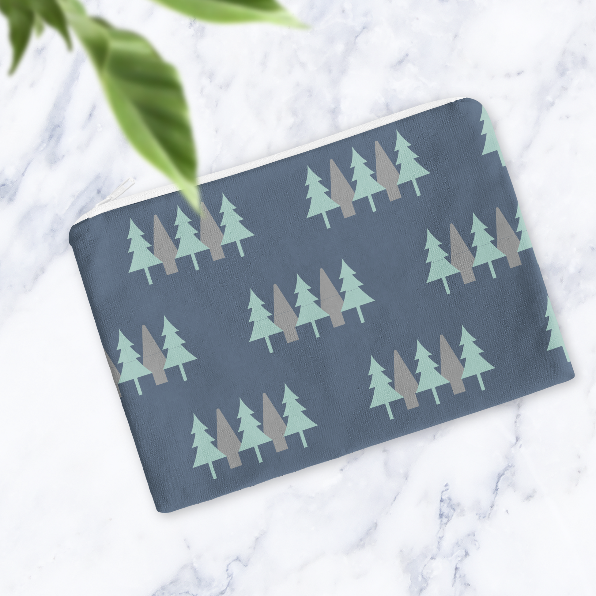 Navy Blue Scandinavian Forest Makeup Bag - Handmade Cosmetic Pouch with Water Resistant Lining - Dog Lover Gift - Travel Beauty Bag