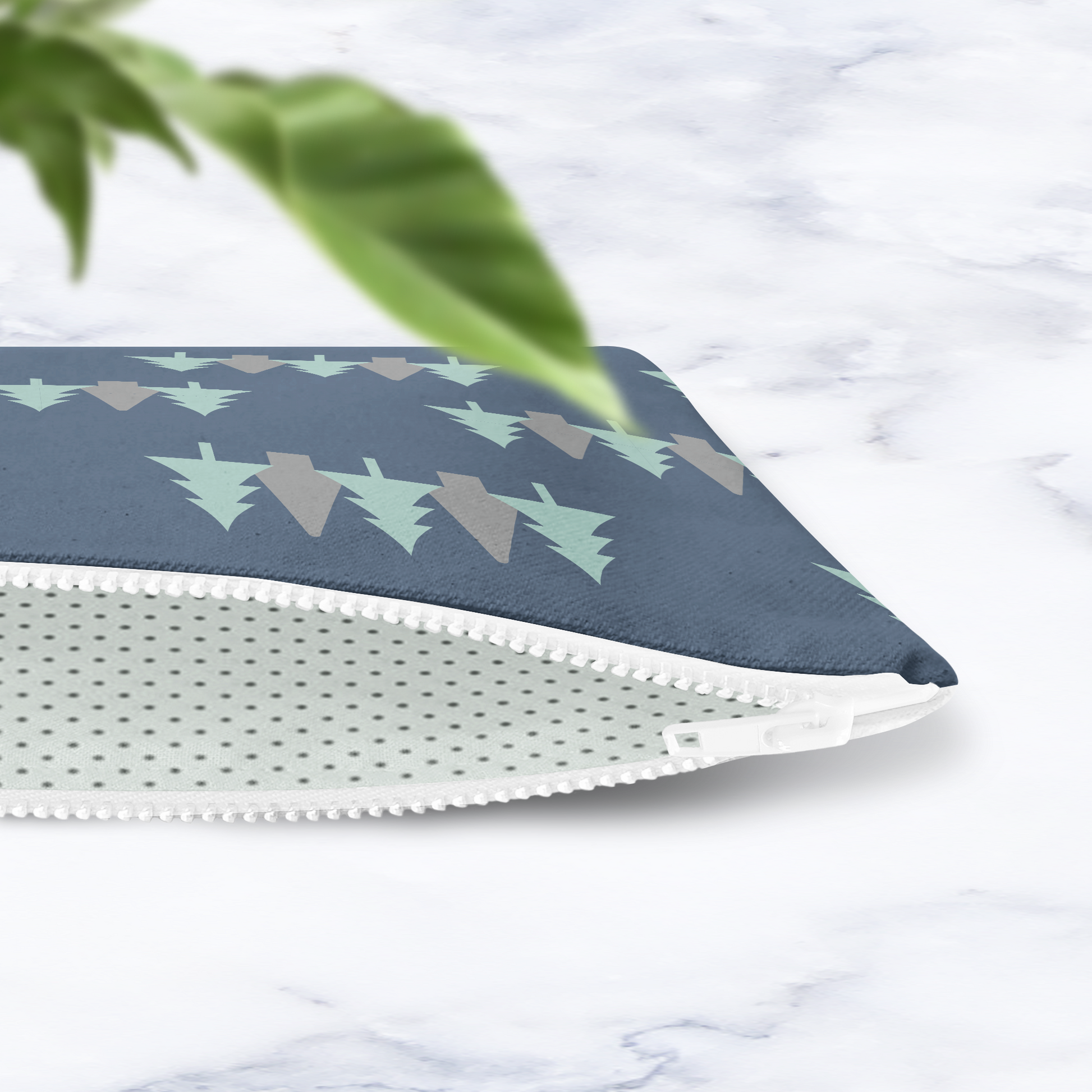 Navy Blue Scandinavian Forest Makeup Bag - Handmade Cosmetic Pouch with Water Resistant Lining - Dog Lover Gift - Travel Beauty Bag