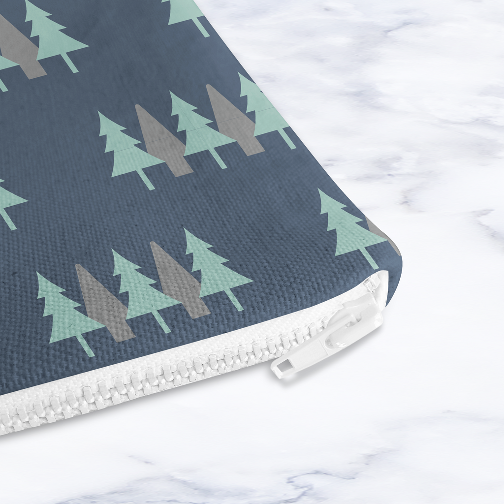 Navy Blue Scandinavian Forest Makeup Bag - Handmade Cosmetic Pouch with Water Resistant Lining - Dog Lover Gift - Travel Beauty Bag