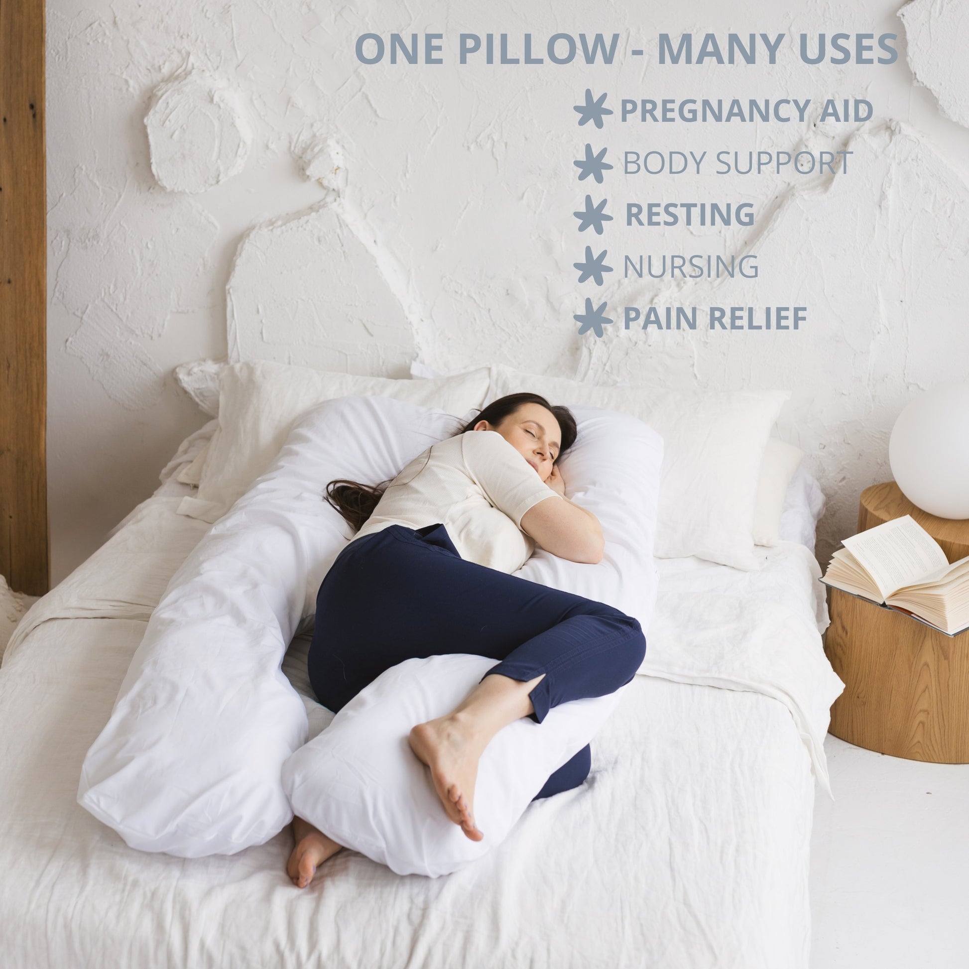 U Shaped Body Pillow with Organic Cotton Cover in White