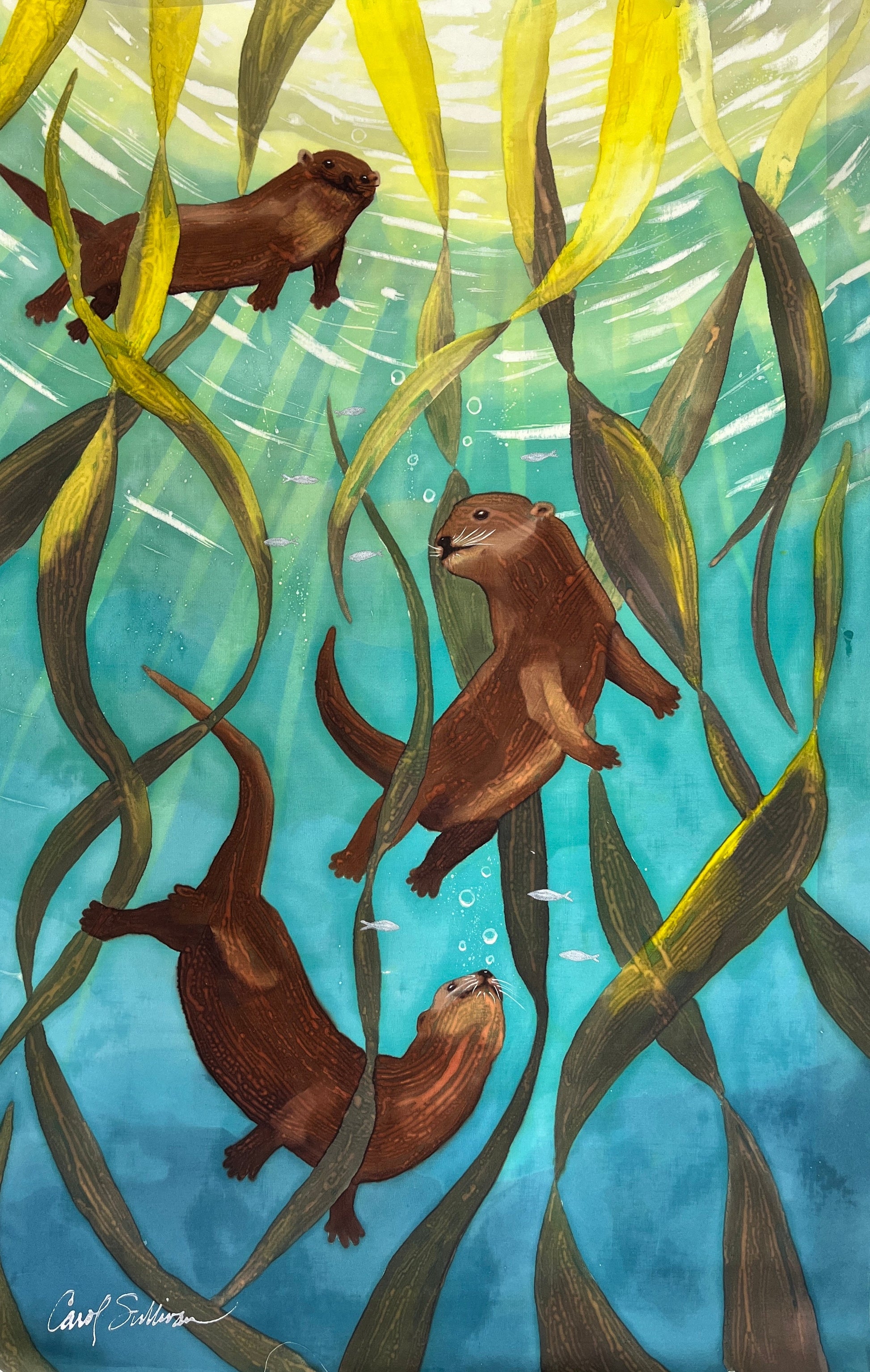 “Otters Playing in Kelp” - Hand-dyed Silk Wall Hanging  - $500