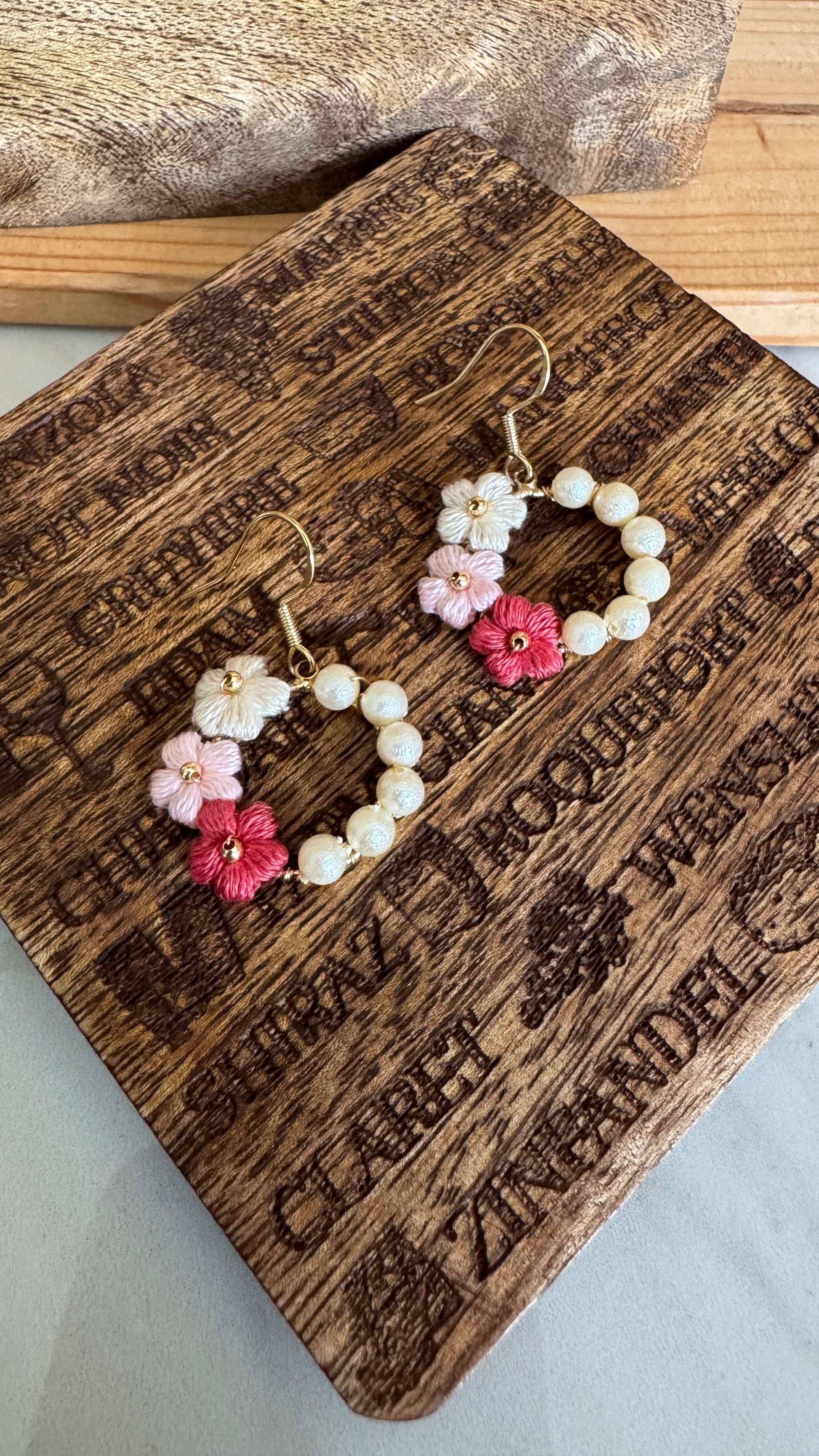 Elegant Burgundy Flower with pearl circle Micro crochet Earrings