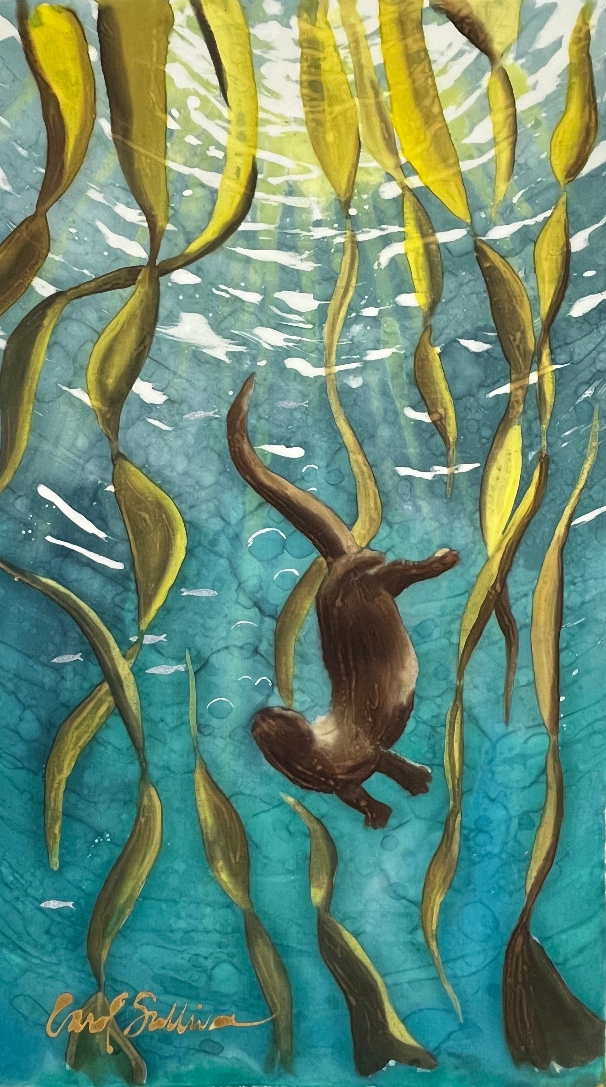 “Otter Frolic” - Hand-dyed Silk Wall Hanging  - $250