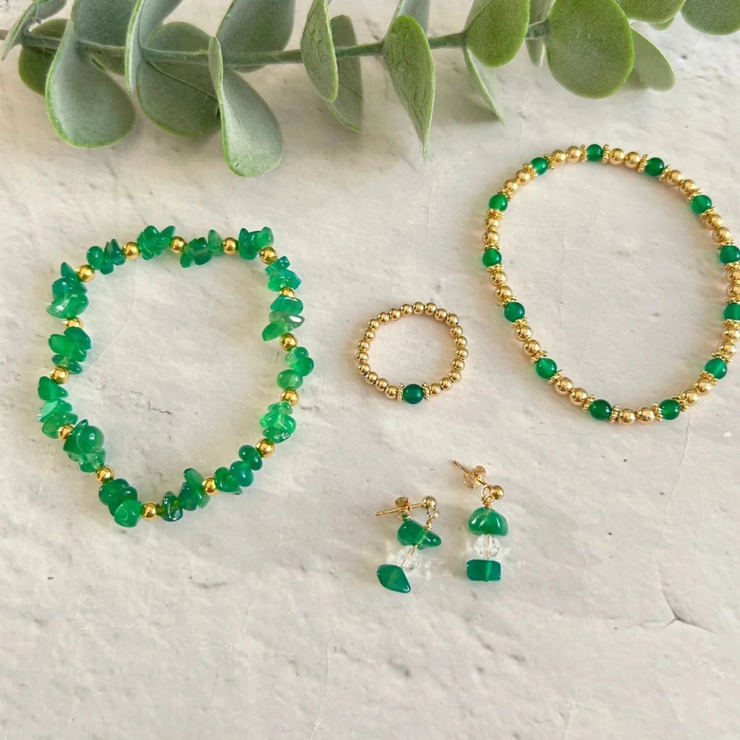 Green Agate Jewellery Set with Bracelets, Ring and Earrings