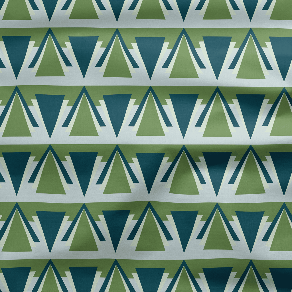 Green and Grey Art Deco Geometric Cotton Drill Fabric