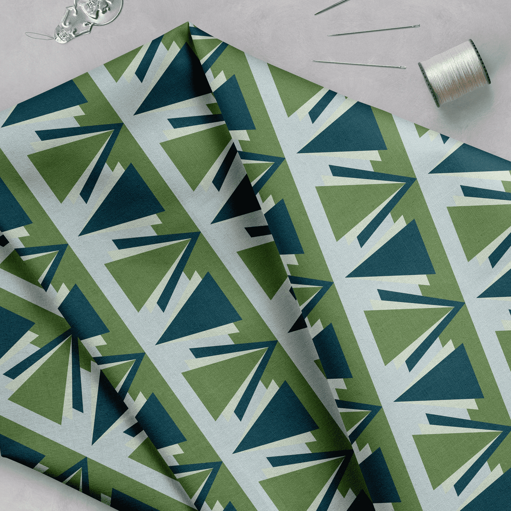Green and Grey Art Deco Geometric Cotton Drill Fabric
