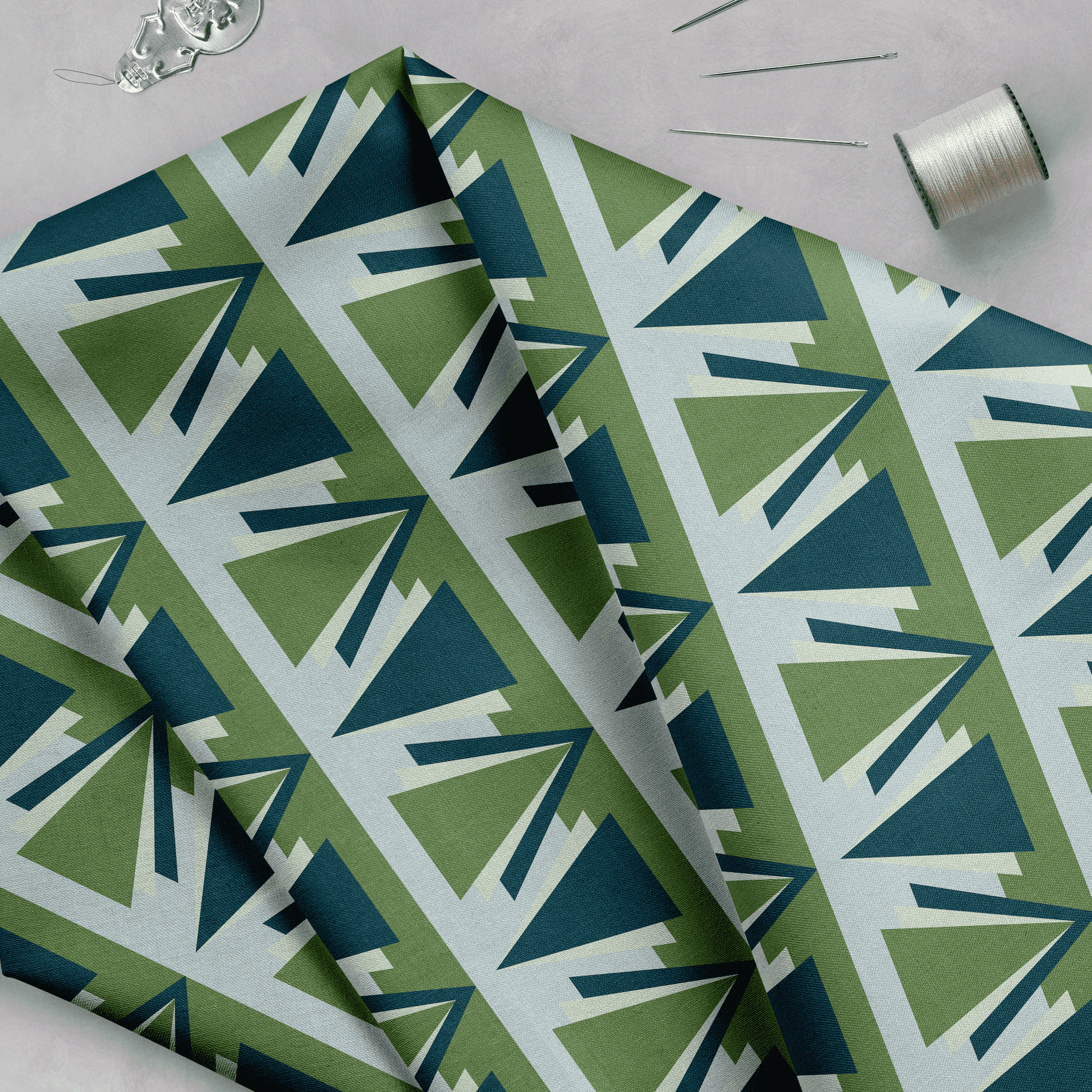 Green and Grey Art Deco Geometric Cotton Drill Fabric