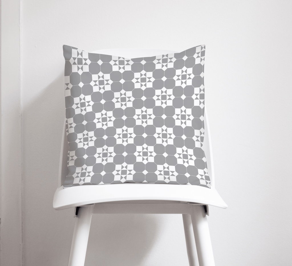 Grey and White Geometric Tiles Design Cushion, Throw Pillow