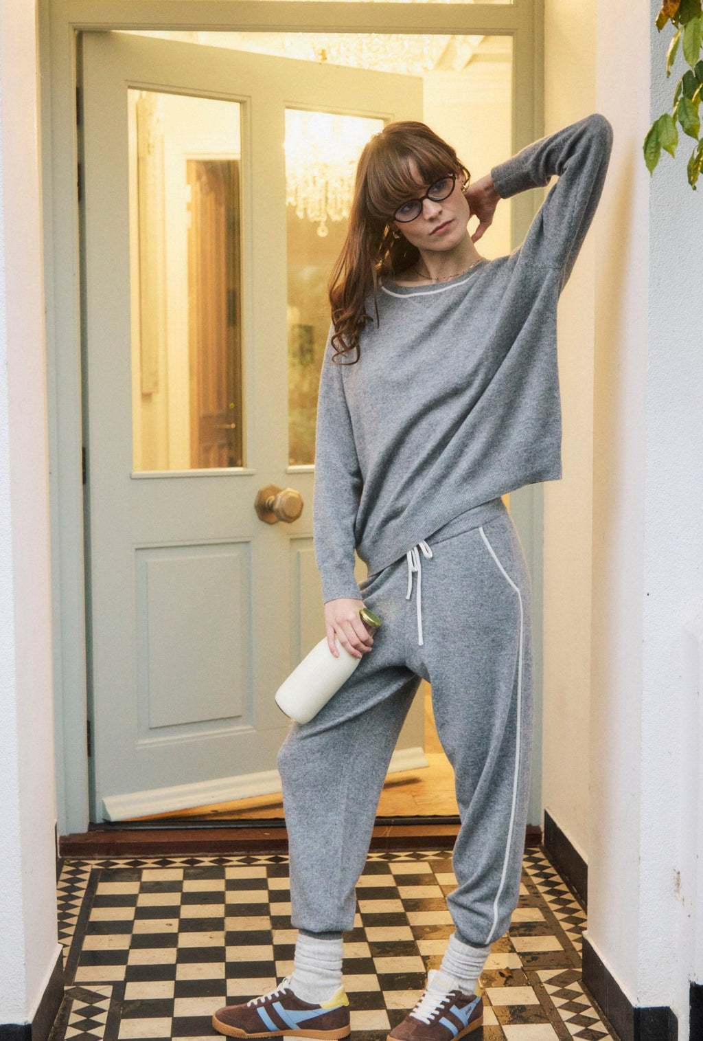 Silver Grey Marl Cashmere Silk Sweatshirt with Ivory Contrast