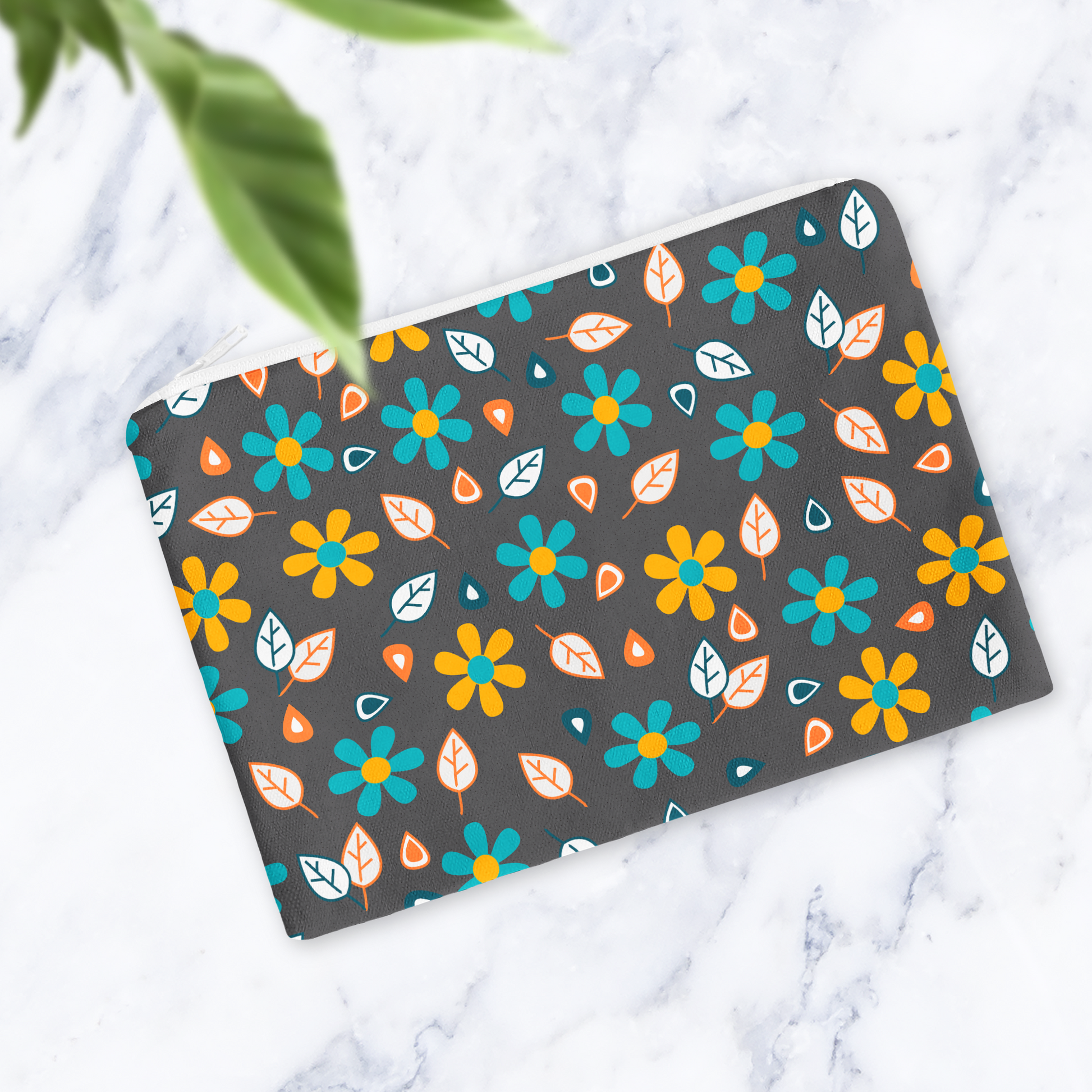 Grey and Turquoise Floral Makeup Bag - Mustard Yellow Flowers Cosmetic Pouch Travel Beauty Case Canvas