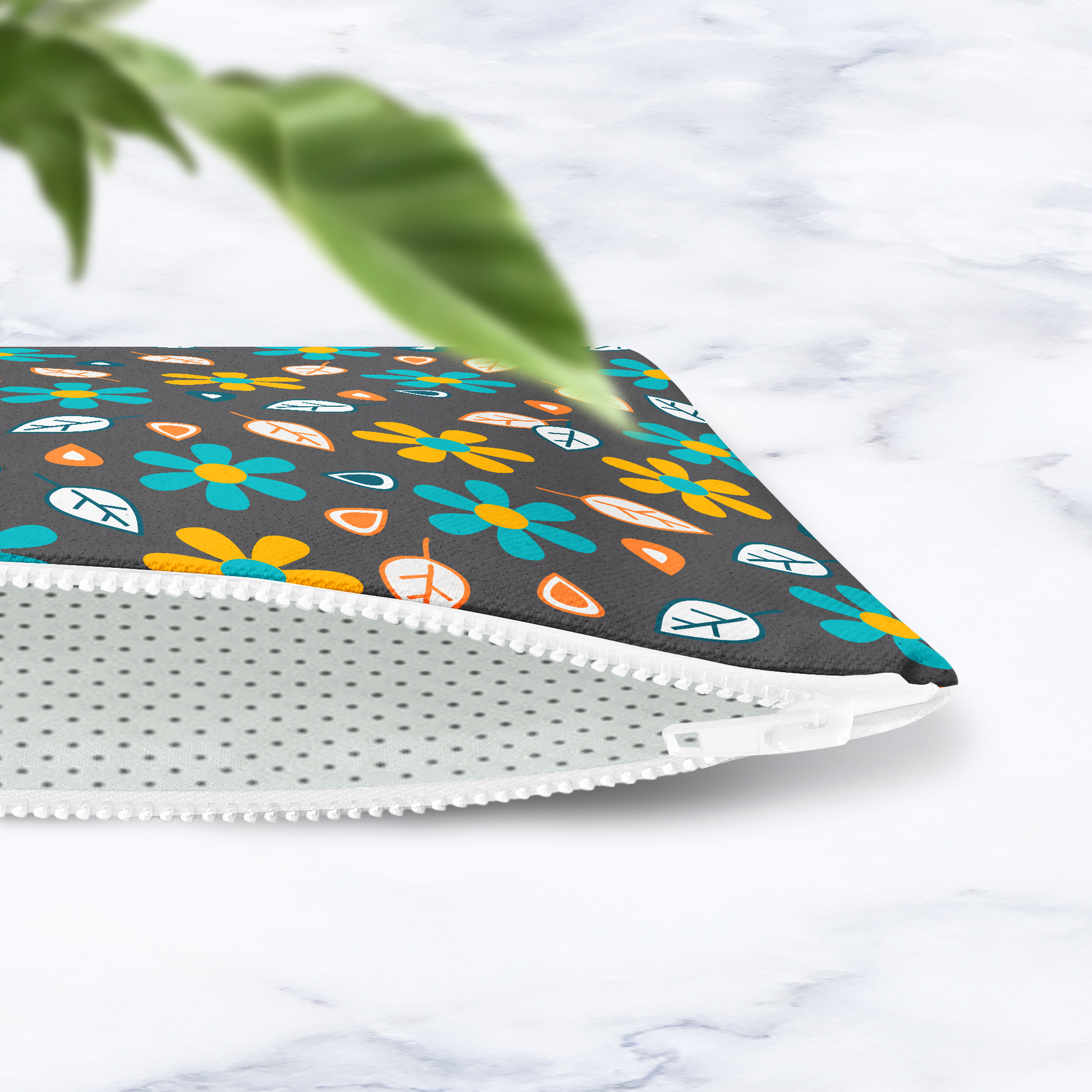 Grey and Turquoise Floral Makeup Bag - Mustard Yellow Flowers Cosmetic Pouch Travel Beauty Case Canvas