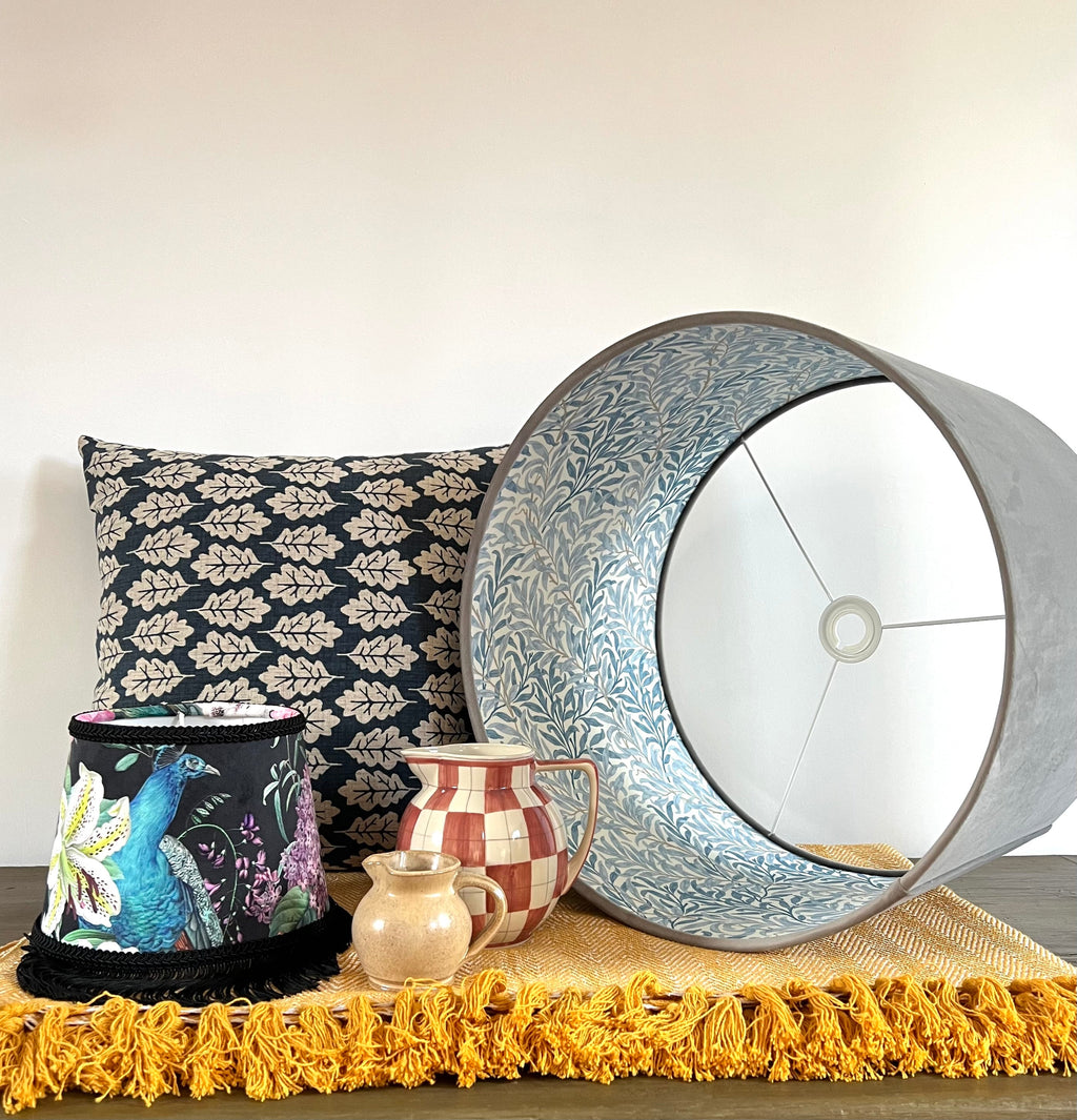 Grey velvet drum lampshade double sided lampshade with William Morris blue leaves cotton interior