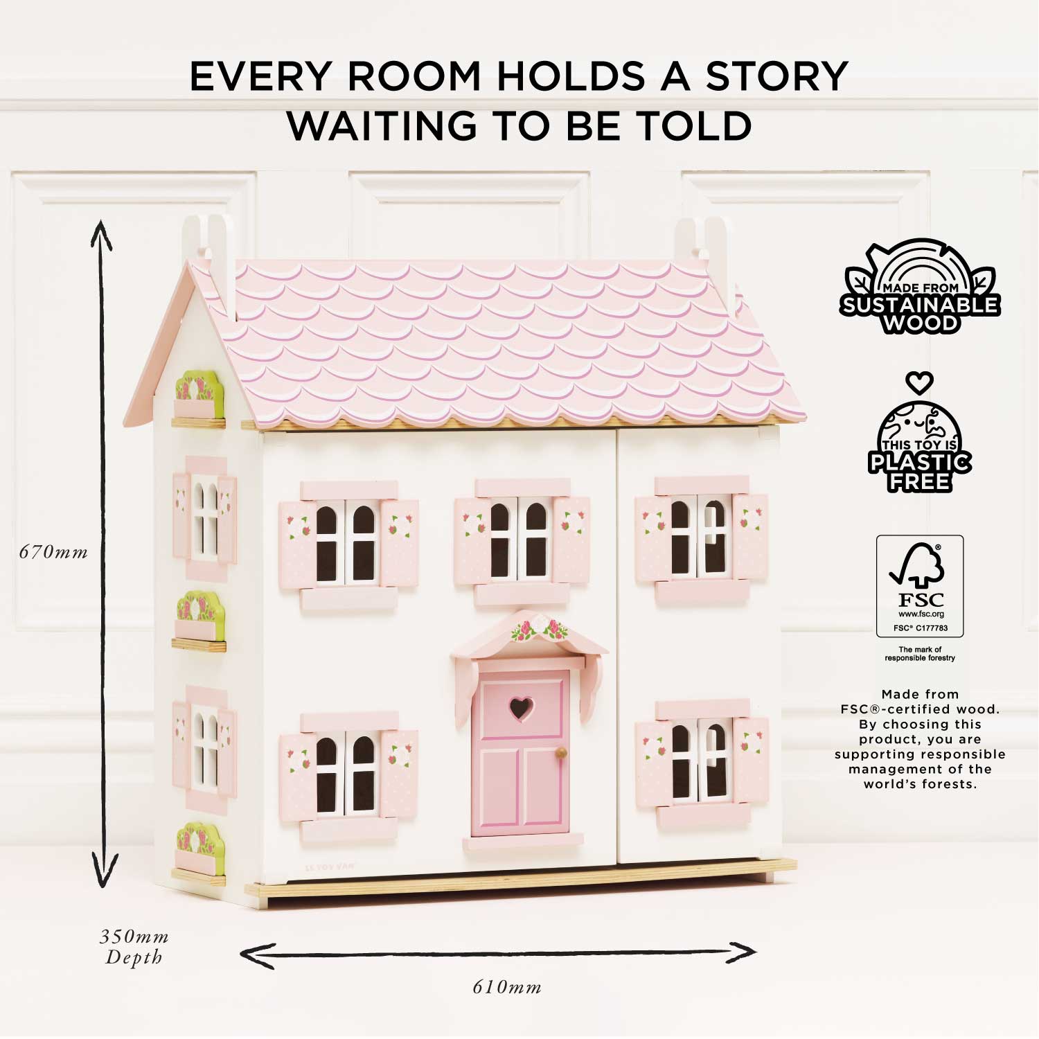 Wooden Dolls House Three Storey Pink