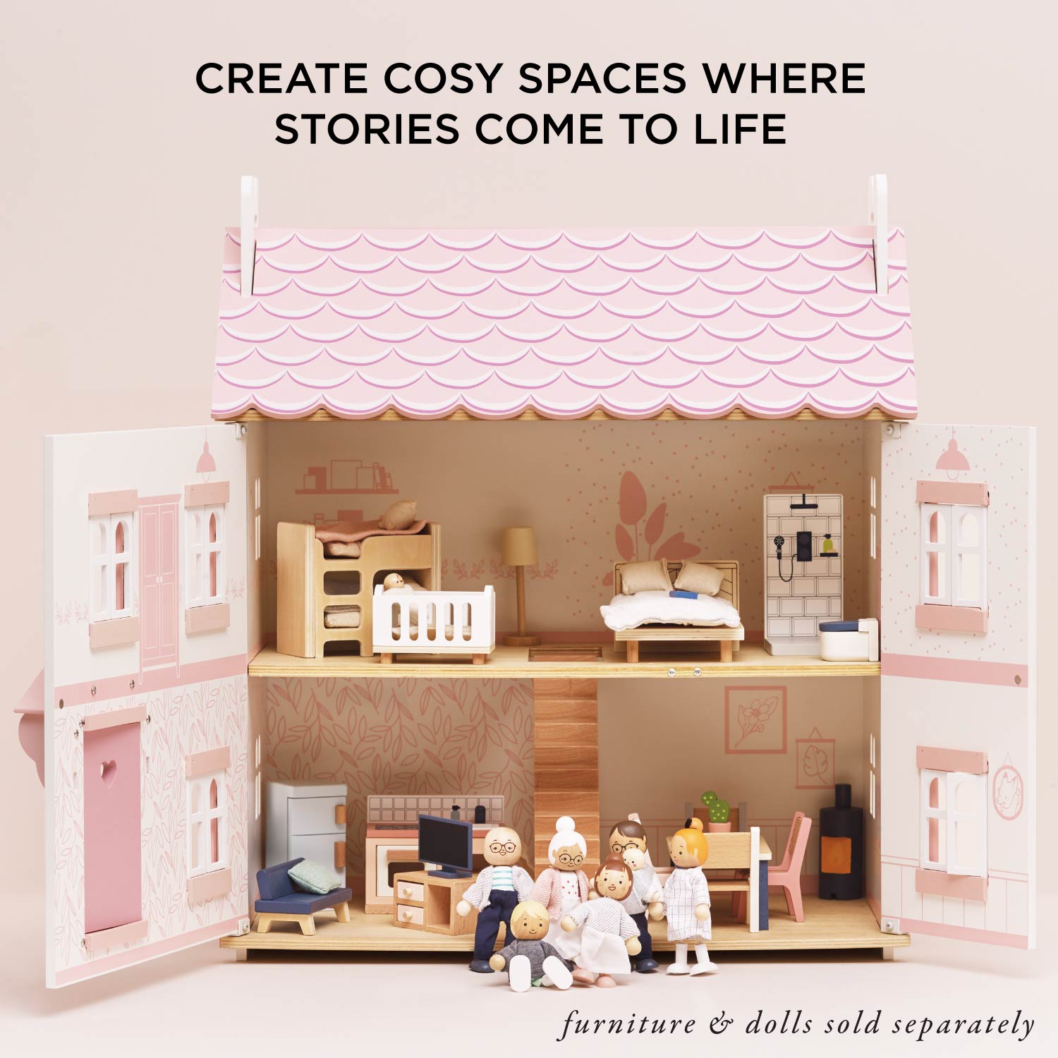 Wooden Dolls House Three Storey Pink