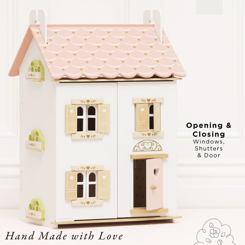 Wooden Dolls House with Pink Heart Details