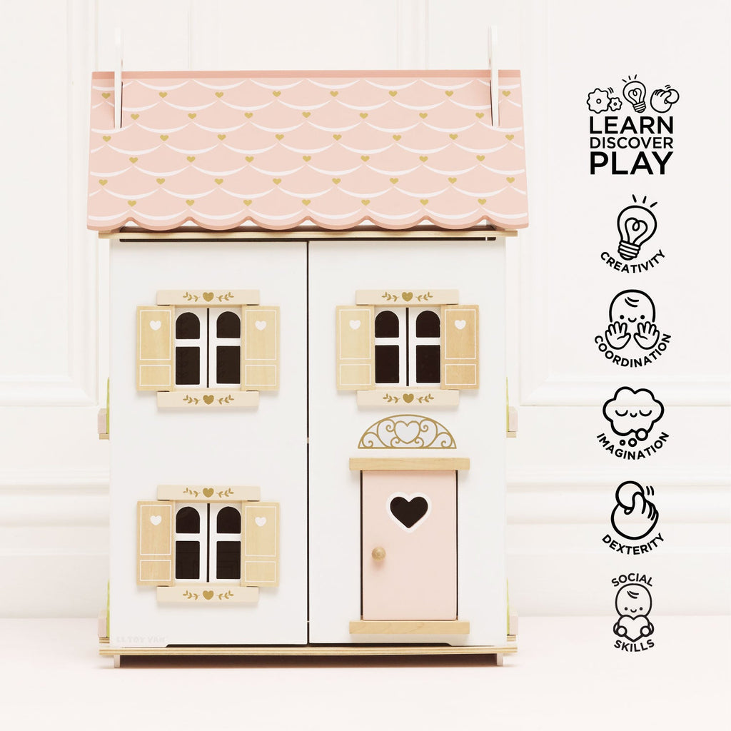 Wooden Dolls House with Pink Heart Details