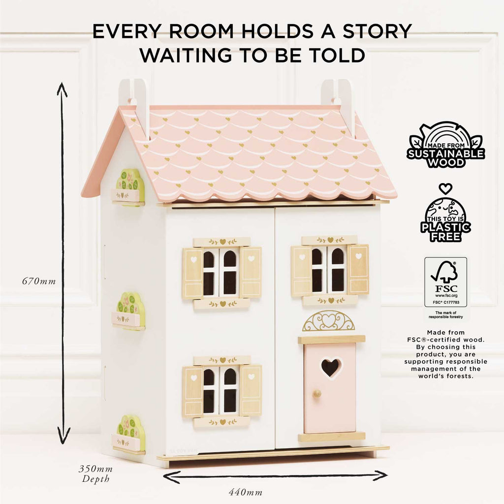 Wooden Dolls House with Pink Heart Details