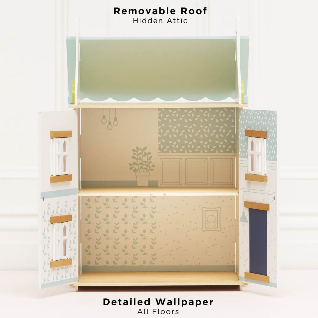 Wooden Dolls House with Three Storeys and Opening Roof