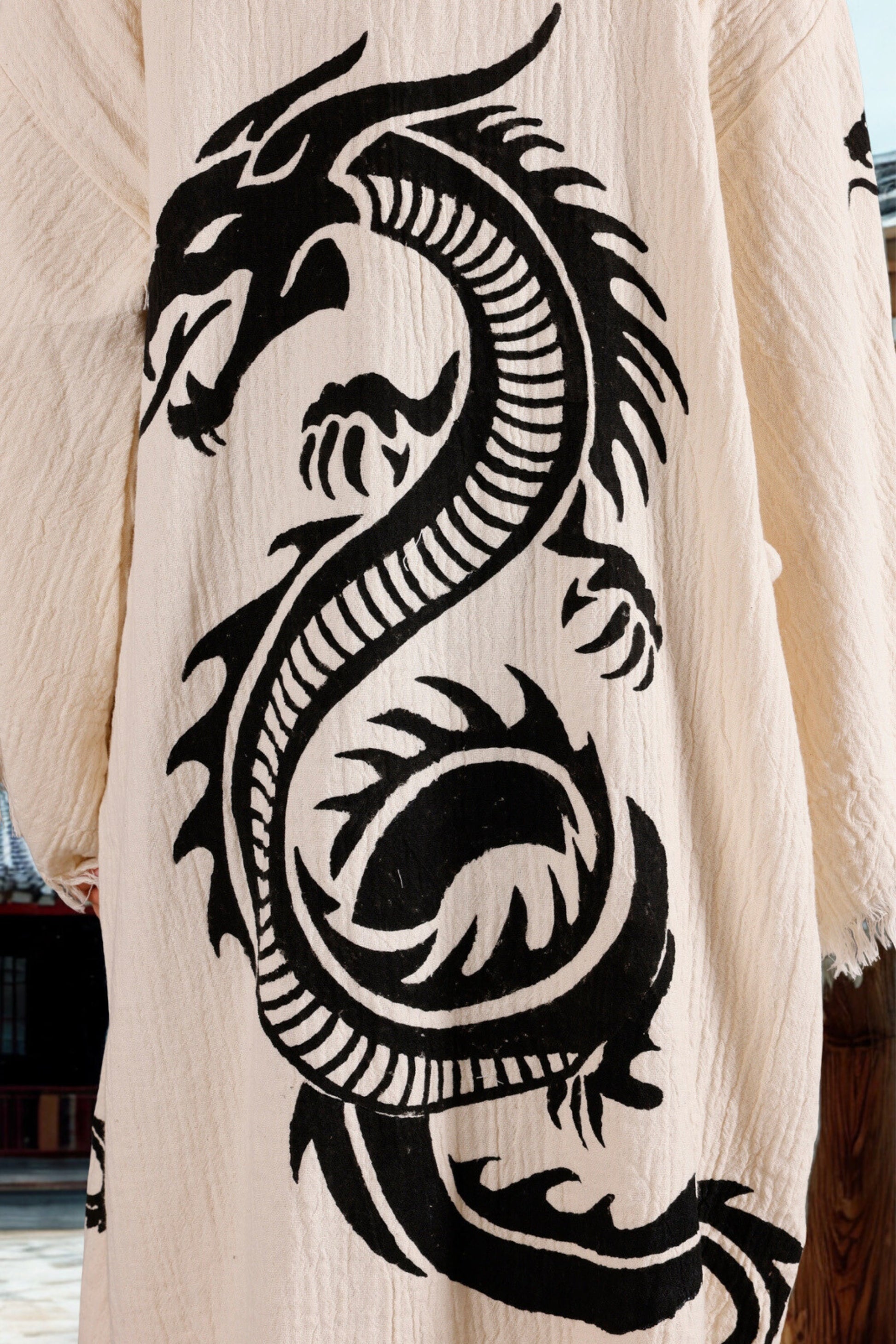 Cream Kimono with Hand Printed Dragon Motif