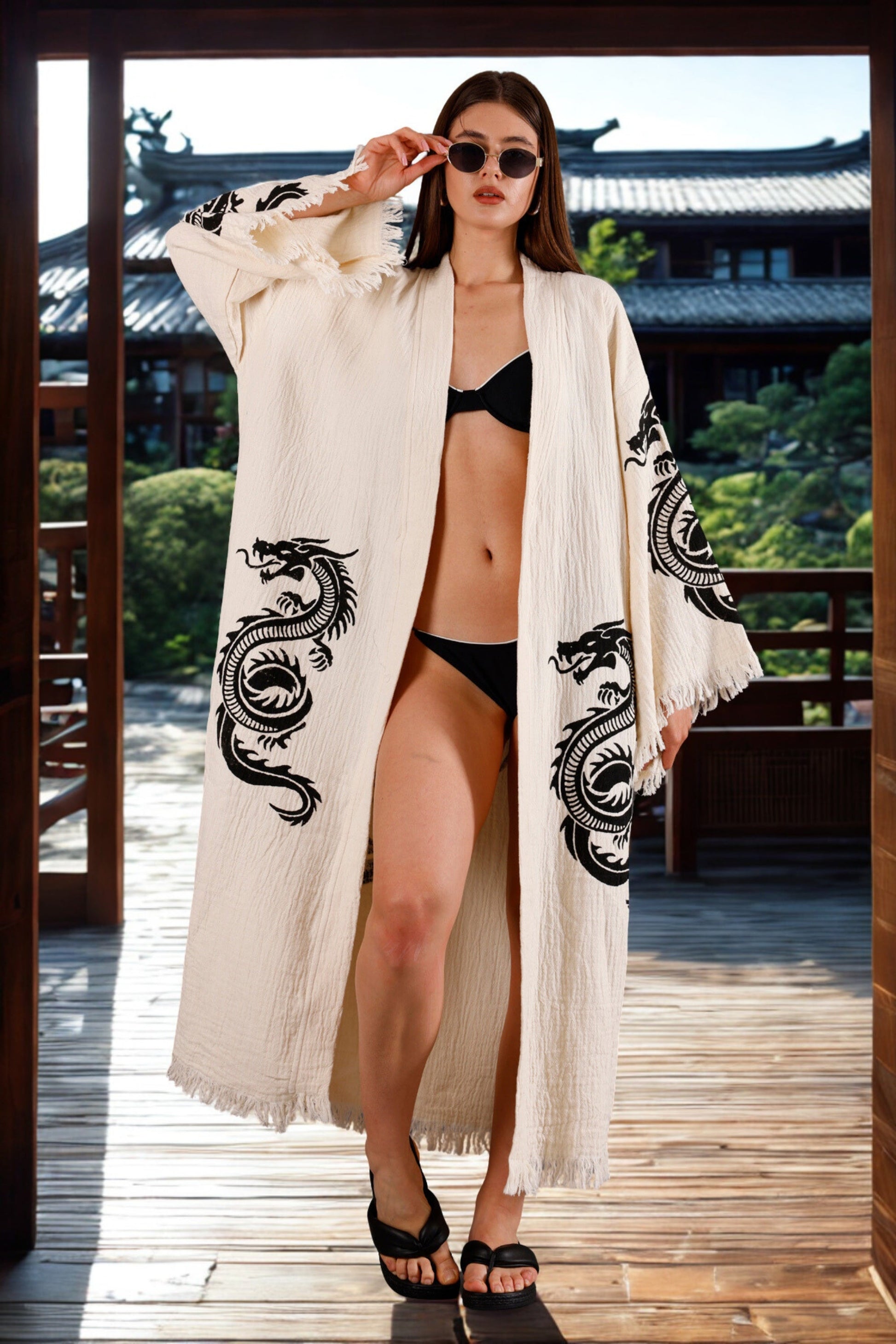 Cream Kimono with Hand Printed Dragon Motif
