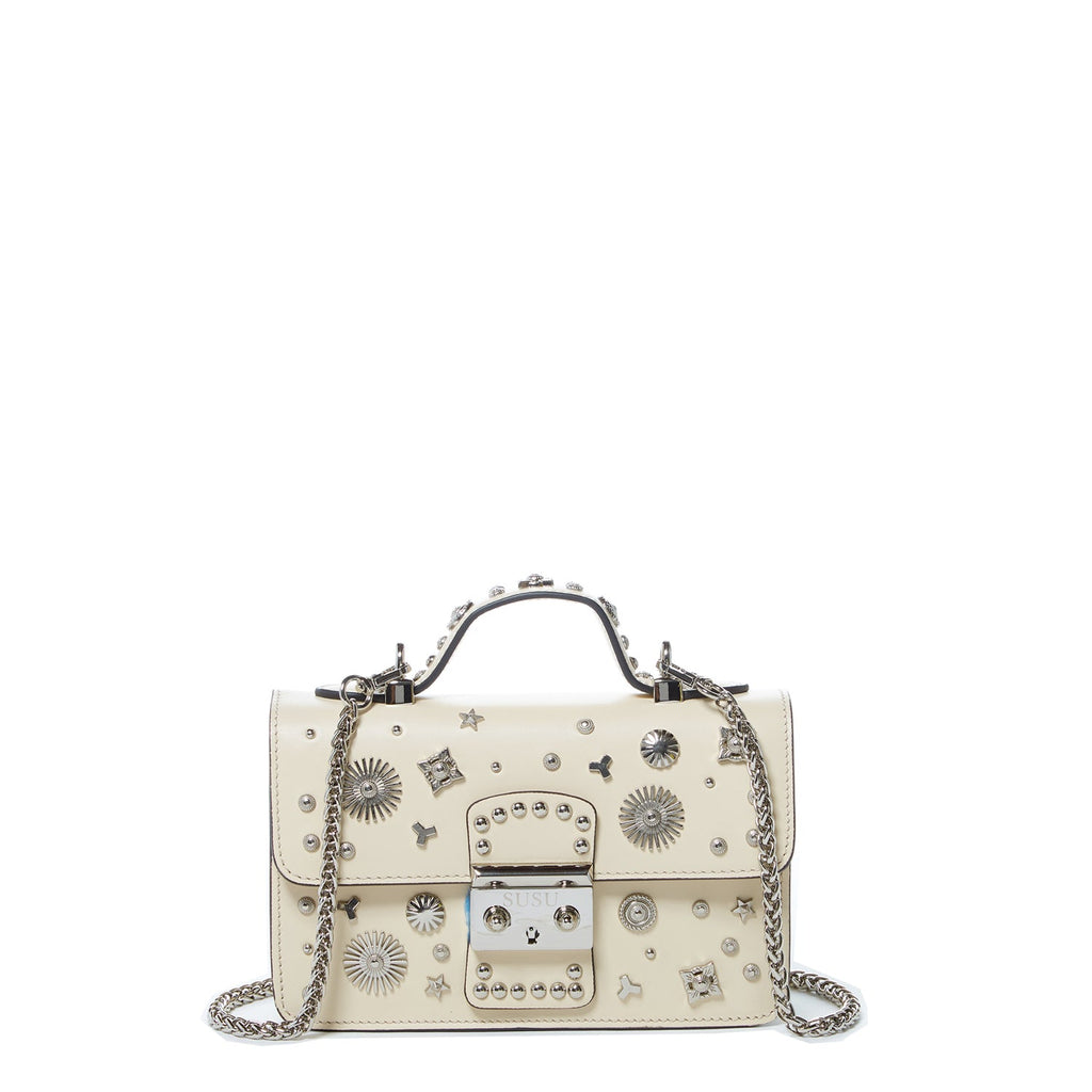 Small Studded Leather Crossbody Bag in Cream