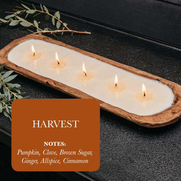 5 Wick Harvest Soy Candle in Wooden Dough Bowl