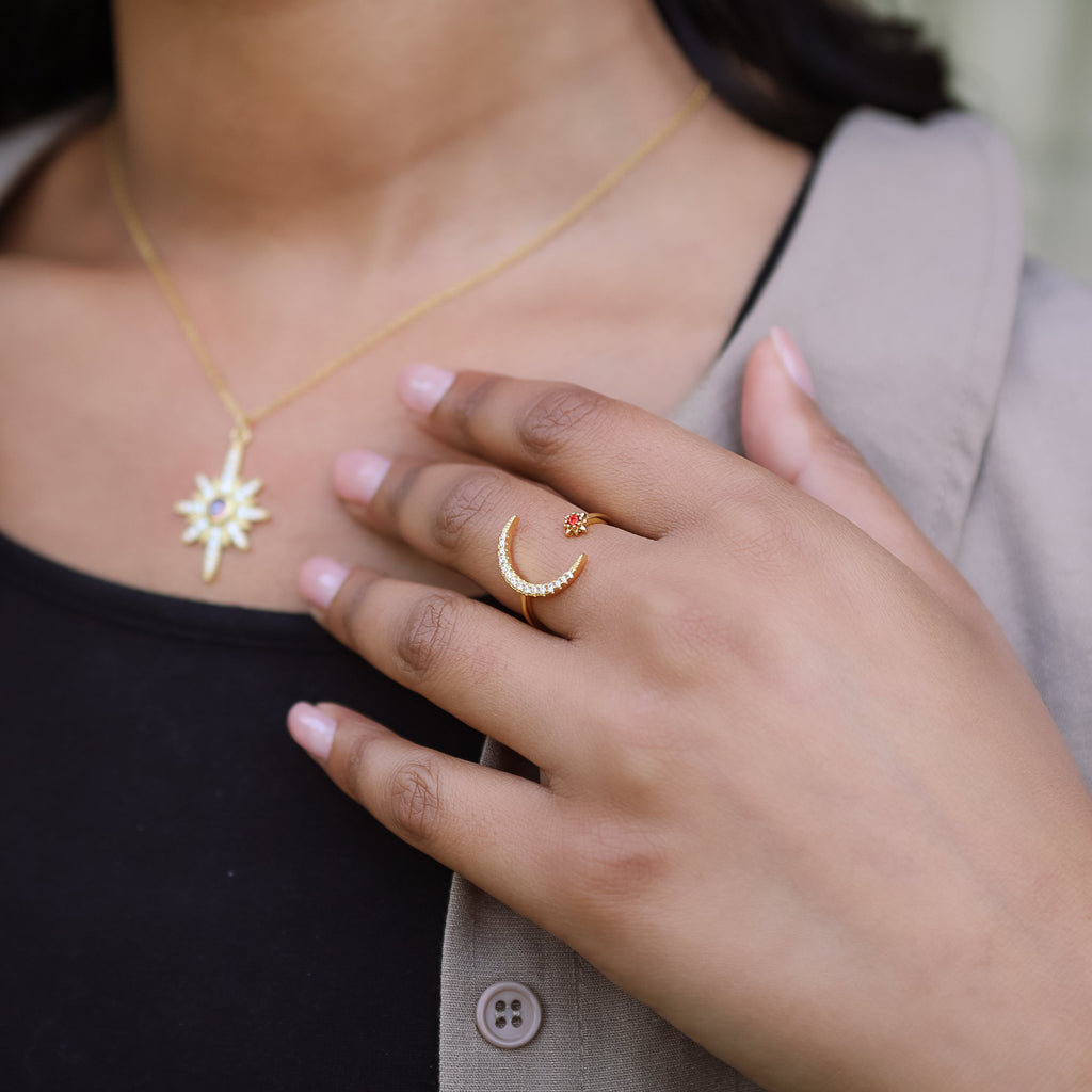 Zira Star and Moon Birthstone Ring | 18K Gold Plated