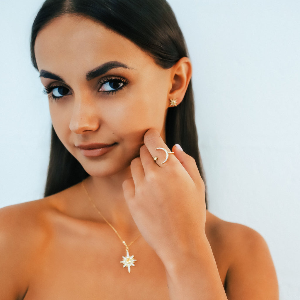 Zira Star and Moon Birthstone Ring | 18K Gold Plated