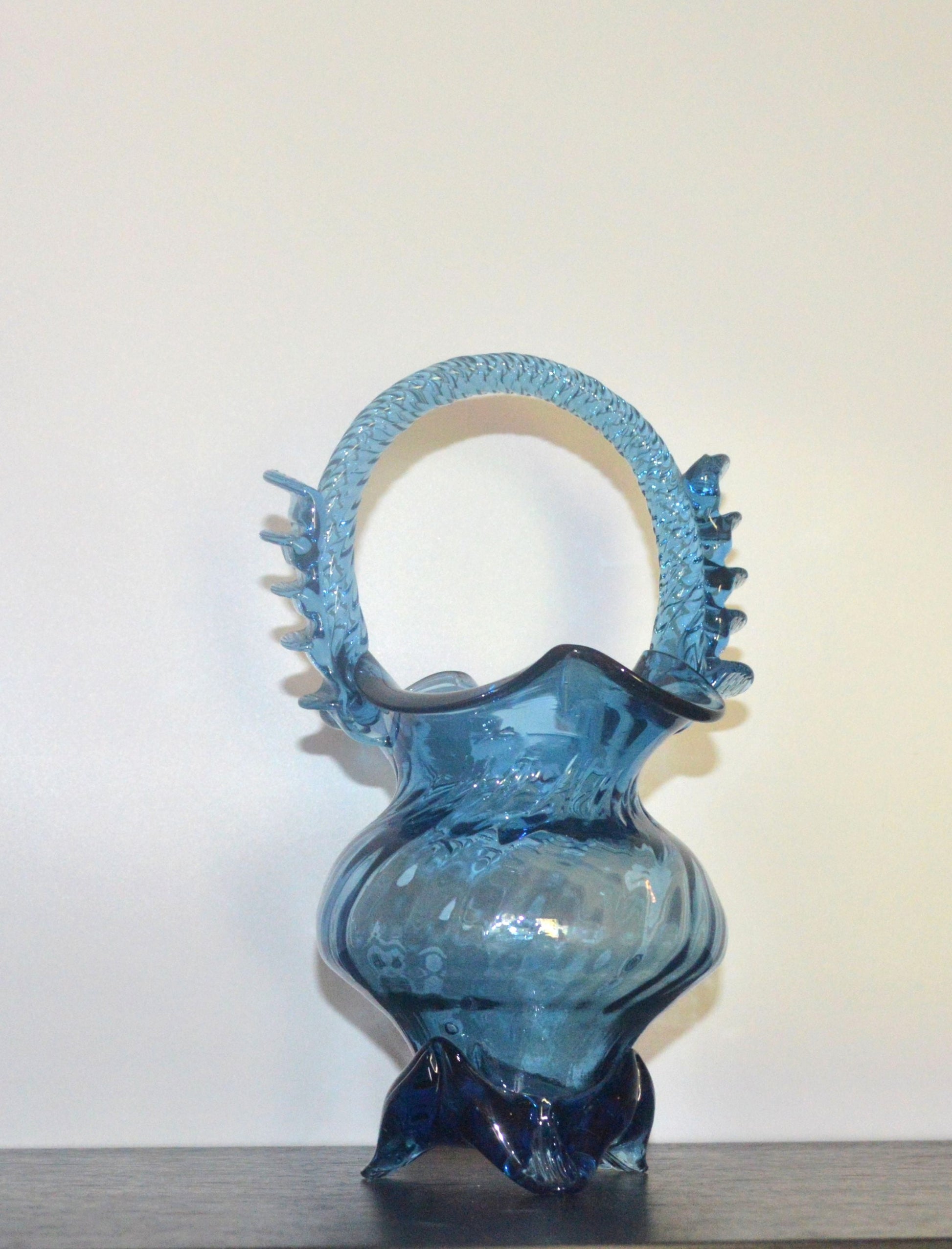 Sapphire Blue Art Glass Basket with Twisted Handle – Collectible Vase