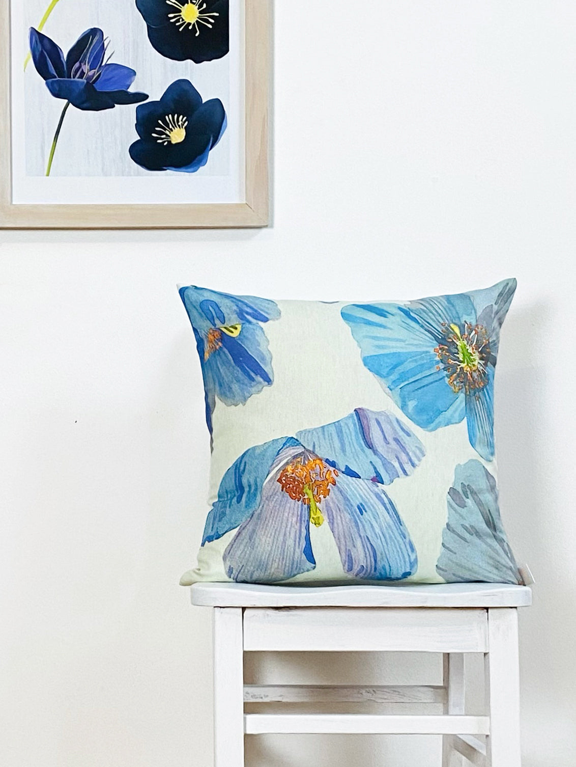 Himalayan Blue Poppies Throw Pillow in Ecru