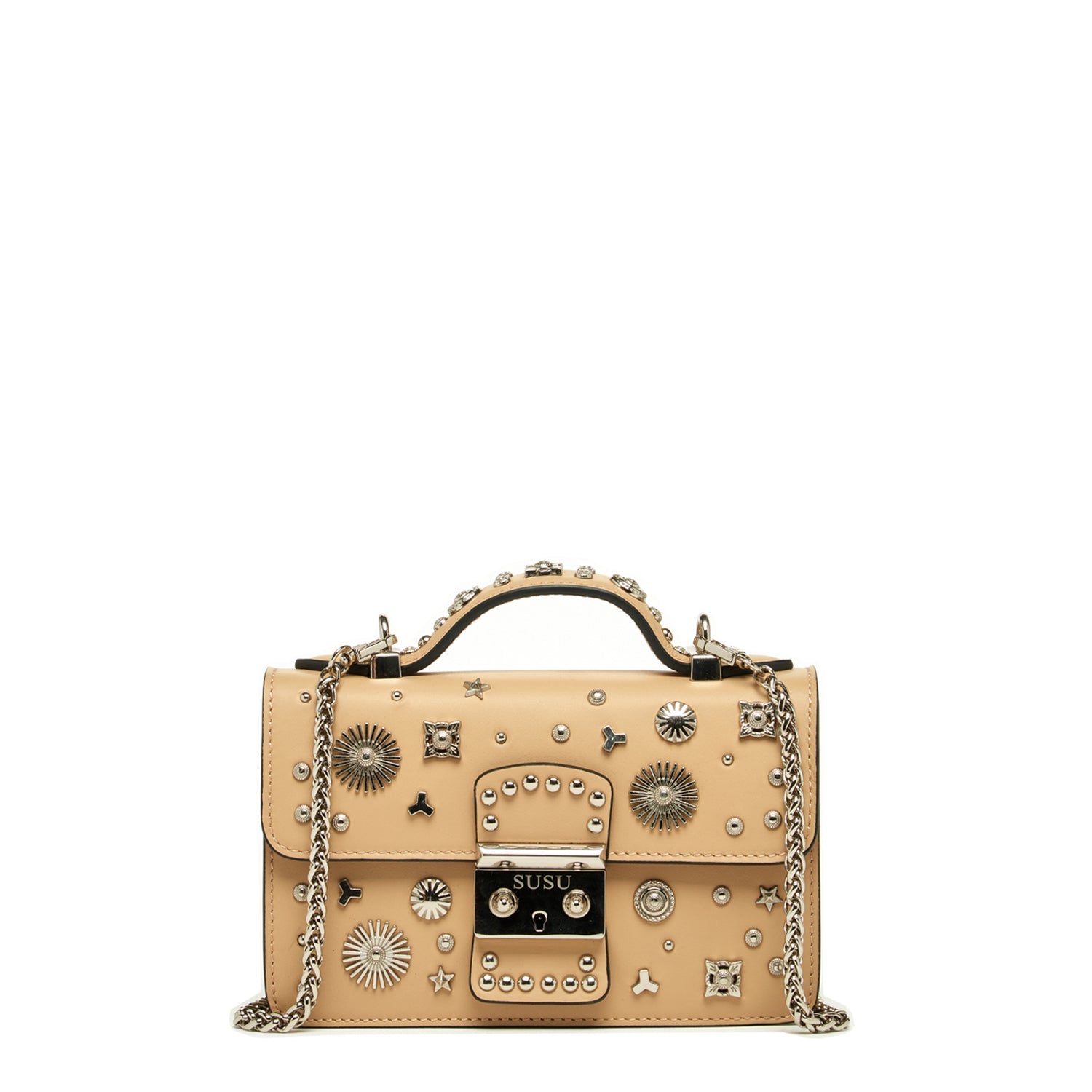 Small Leather Crossbody Bag with Studs in Tan
