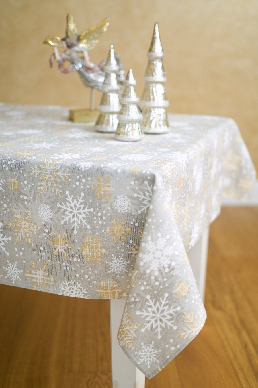 Sparkling Winter Snowflakes Round Tablecloth – Gold & Grey Print by Hortensias Home at www.brixbailey.com