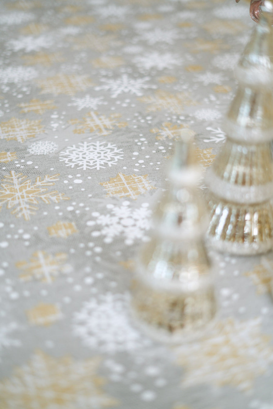 Sparkling Snowflake Tablecloth – Lurex Gold & Grey Design by Hortensias Home at www.brixbailey.com