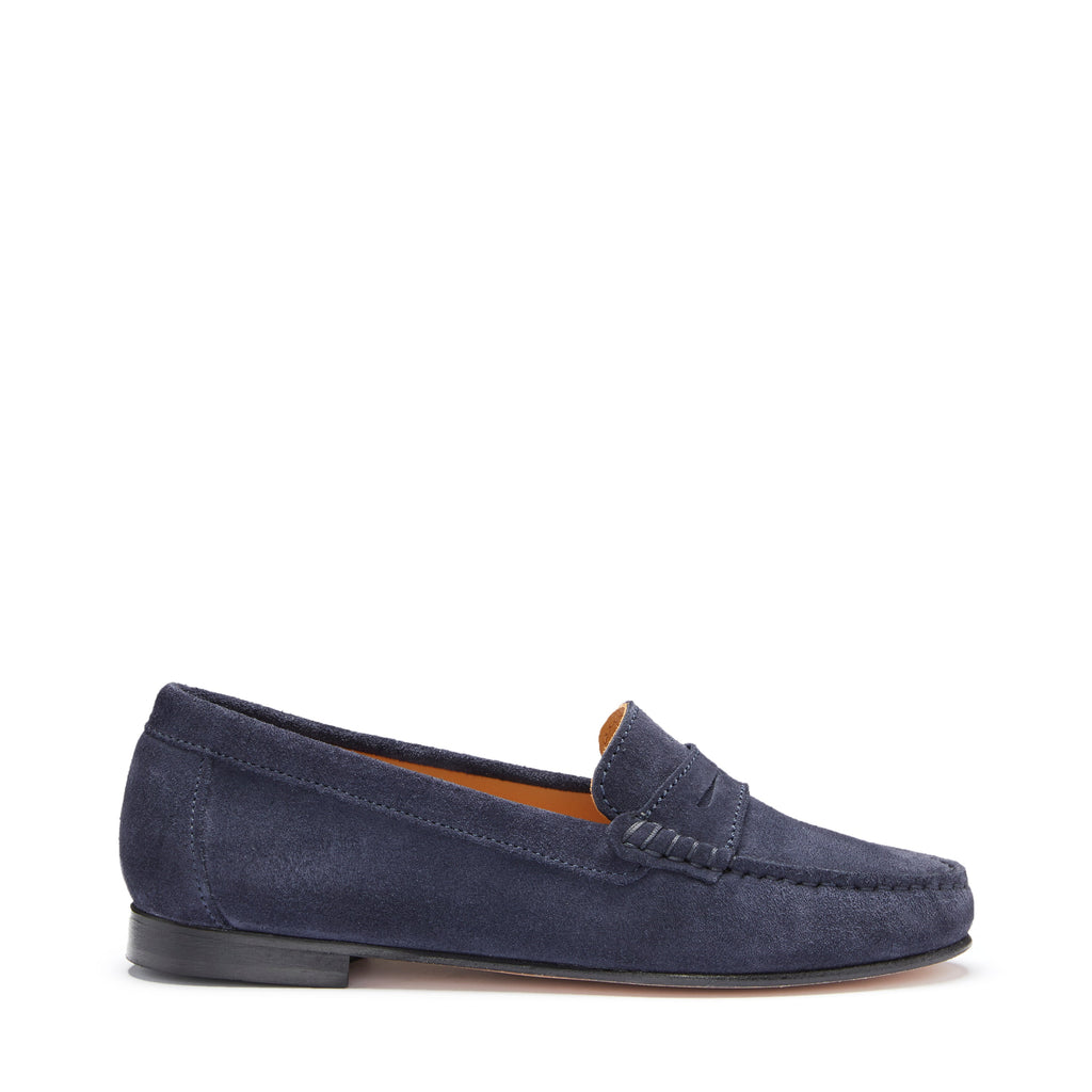 Women's Navy Blue Suede Penny Loafers with Leather Sole