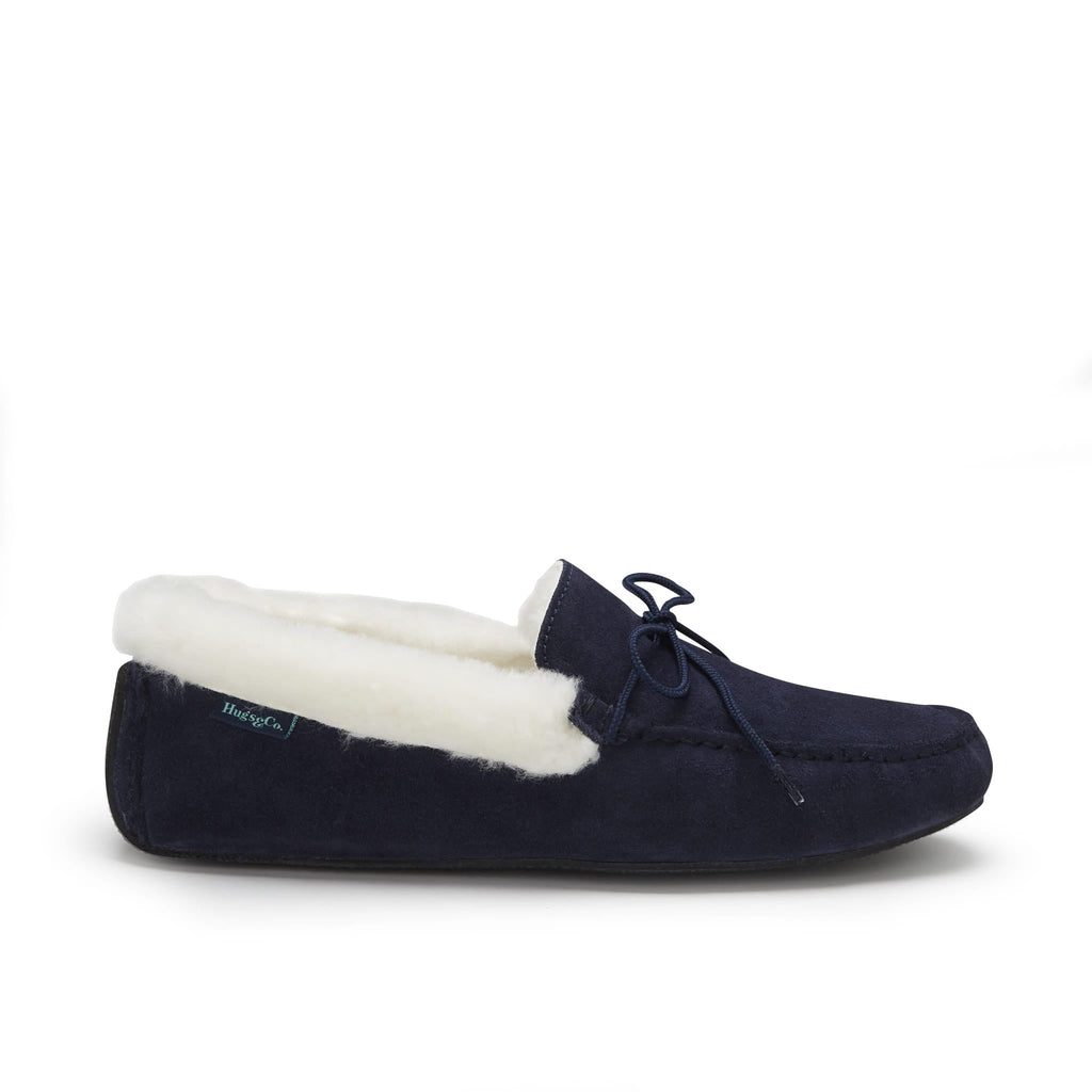 Navy Blue Sheepskin Suede Slippers