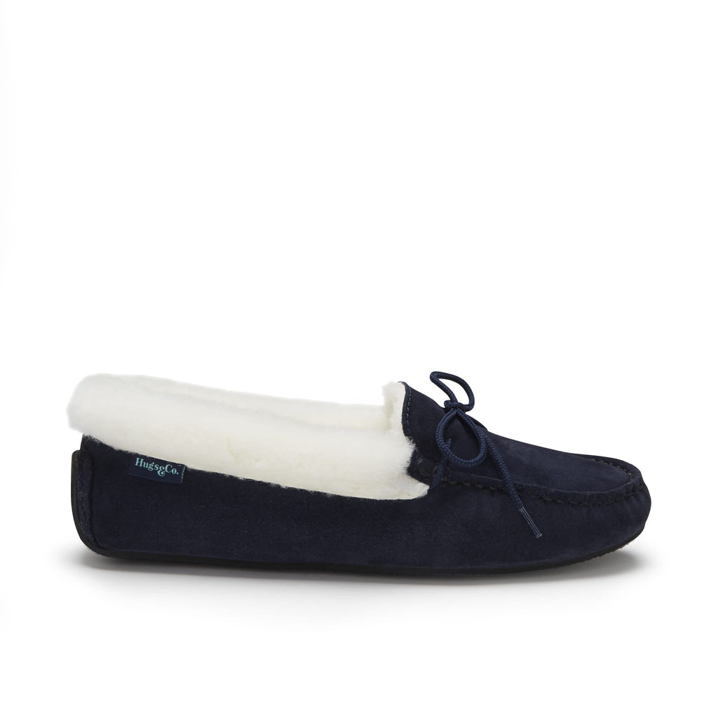 Navy Blue Sheepskin Slippers in Soft Suede