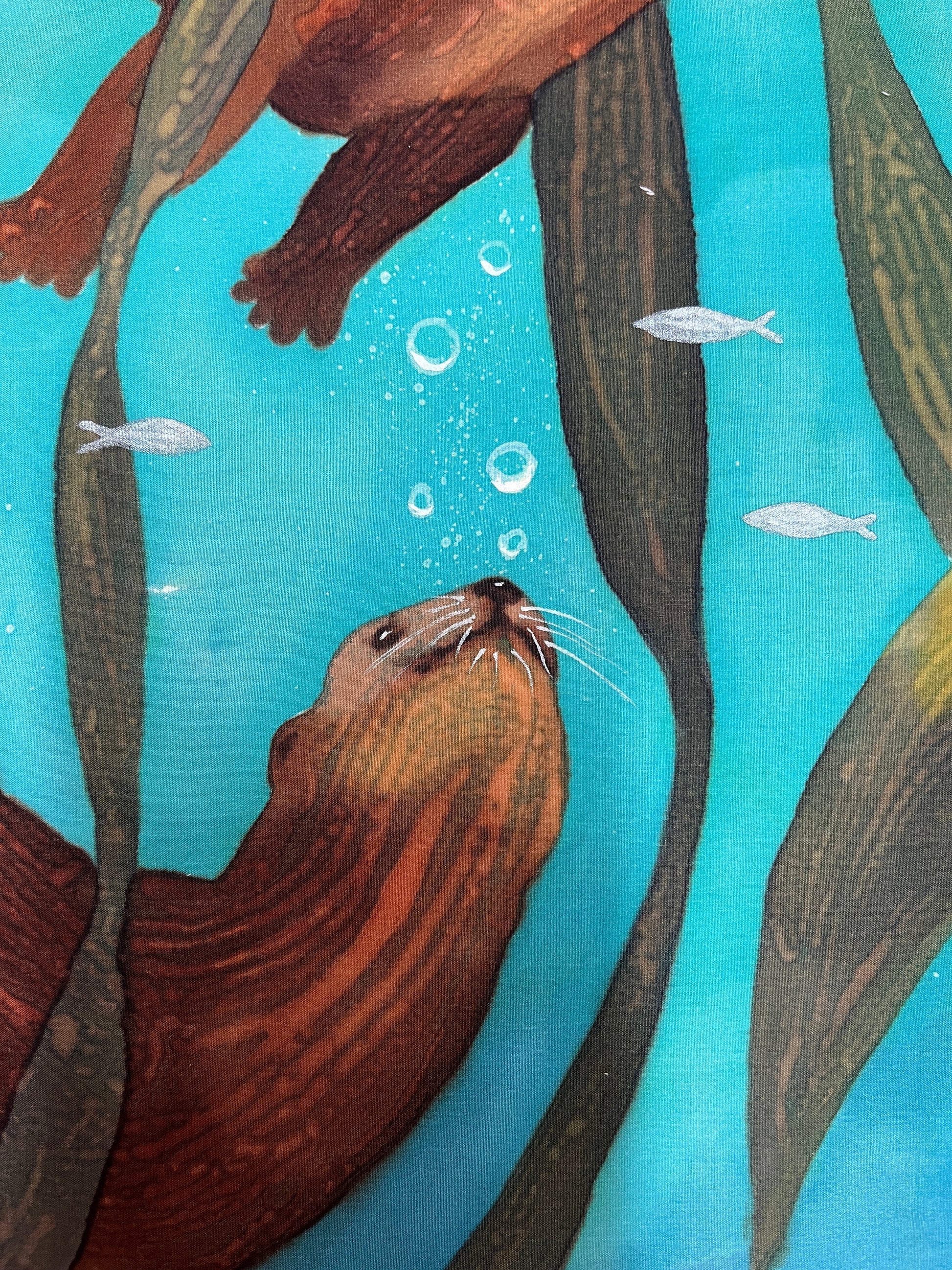 “Otters Playing in Kelp” - Hand-dyed Silk Wall Hanging  - $500