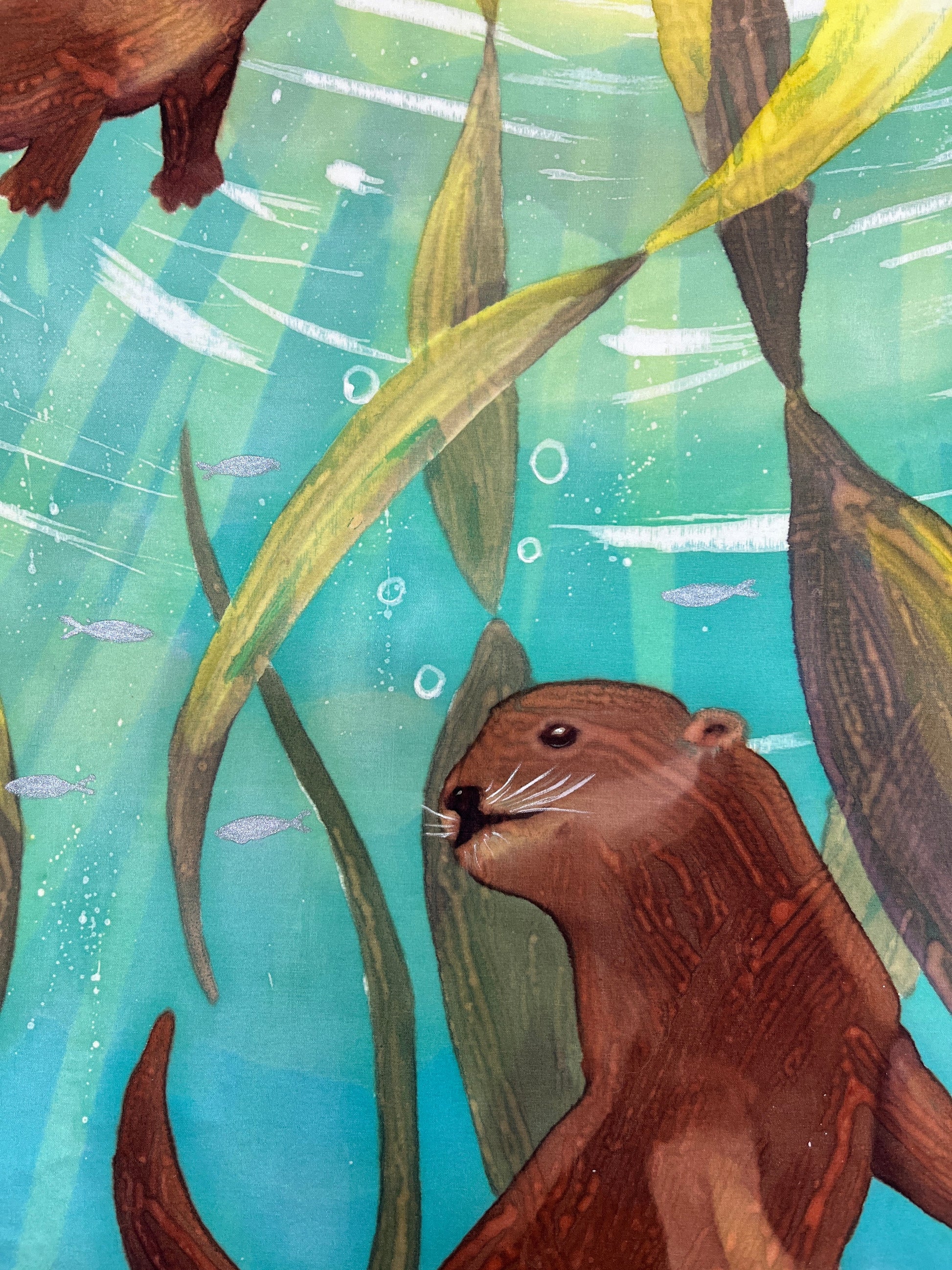“Otters Playing in Kelp” - Hand-dyed Silk Wall Hanging  - $500