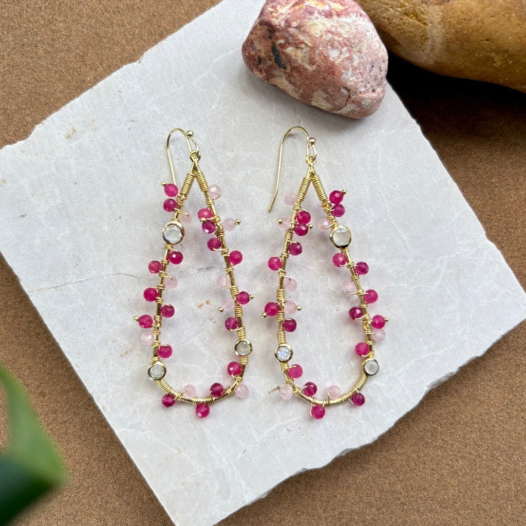 Hydra Large Teardrop Wire-Wrapped Gemstone Earrings Moonstone, Rose Quartz, Pink Jade and Pink Tourmaline