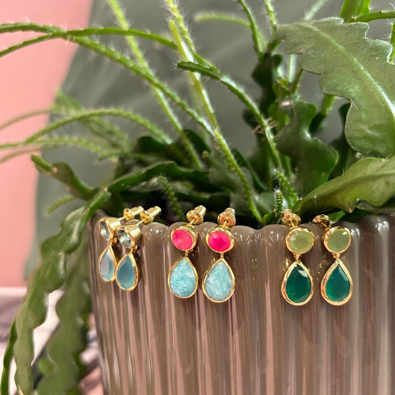 Gold Double Gemstone Drop Earrings with Green Onyx & Prenite