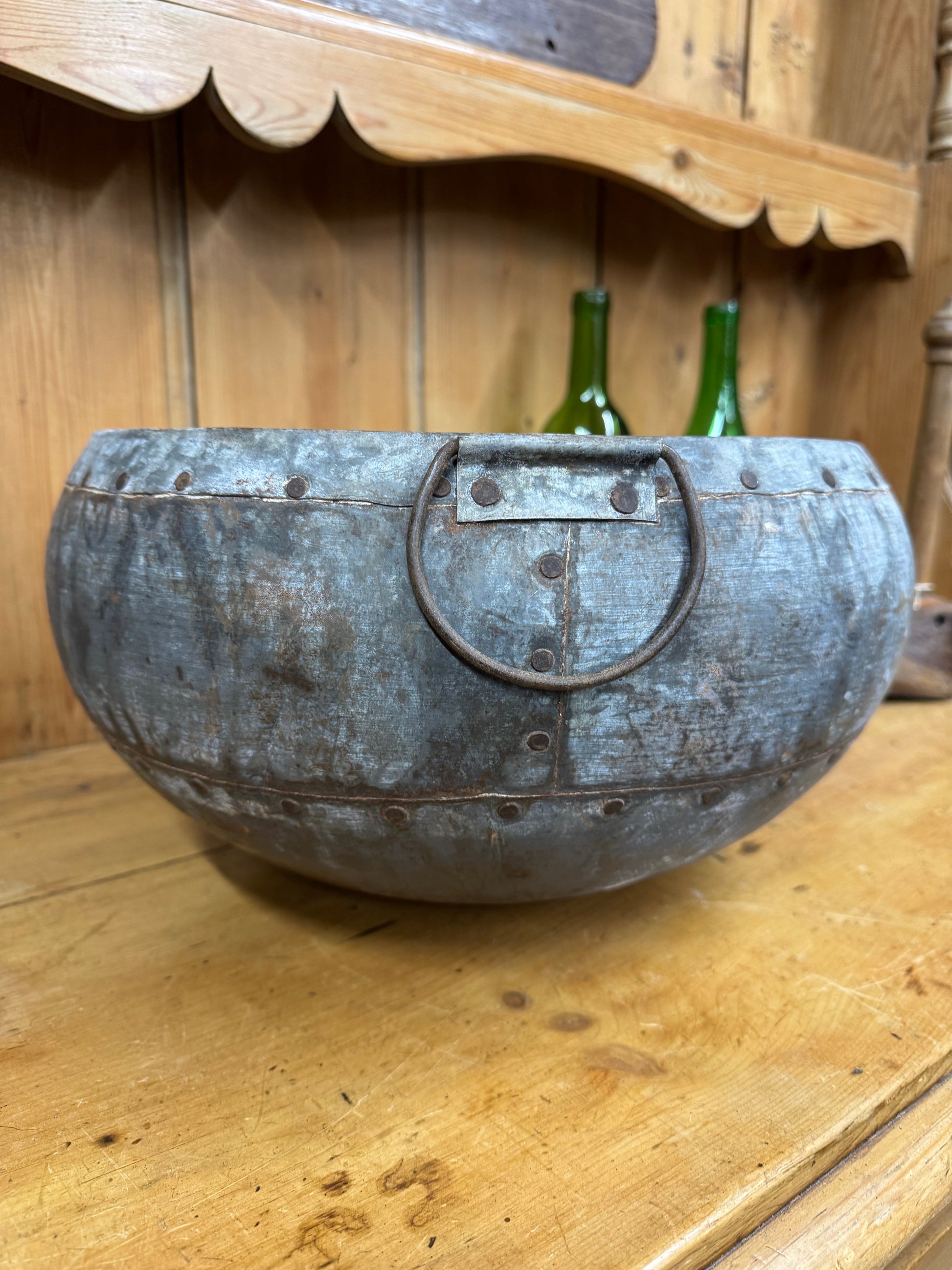 Vintage Indian Water Pot / Riveted Hand Beaten Metal Pot / Metal Vase / Rustic Bowl / Plant Pot / Fruit Bowl