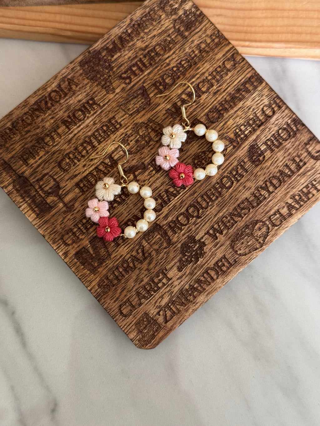 Elegant Burgundy Flower with pearl circle Micro crochet Earrings