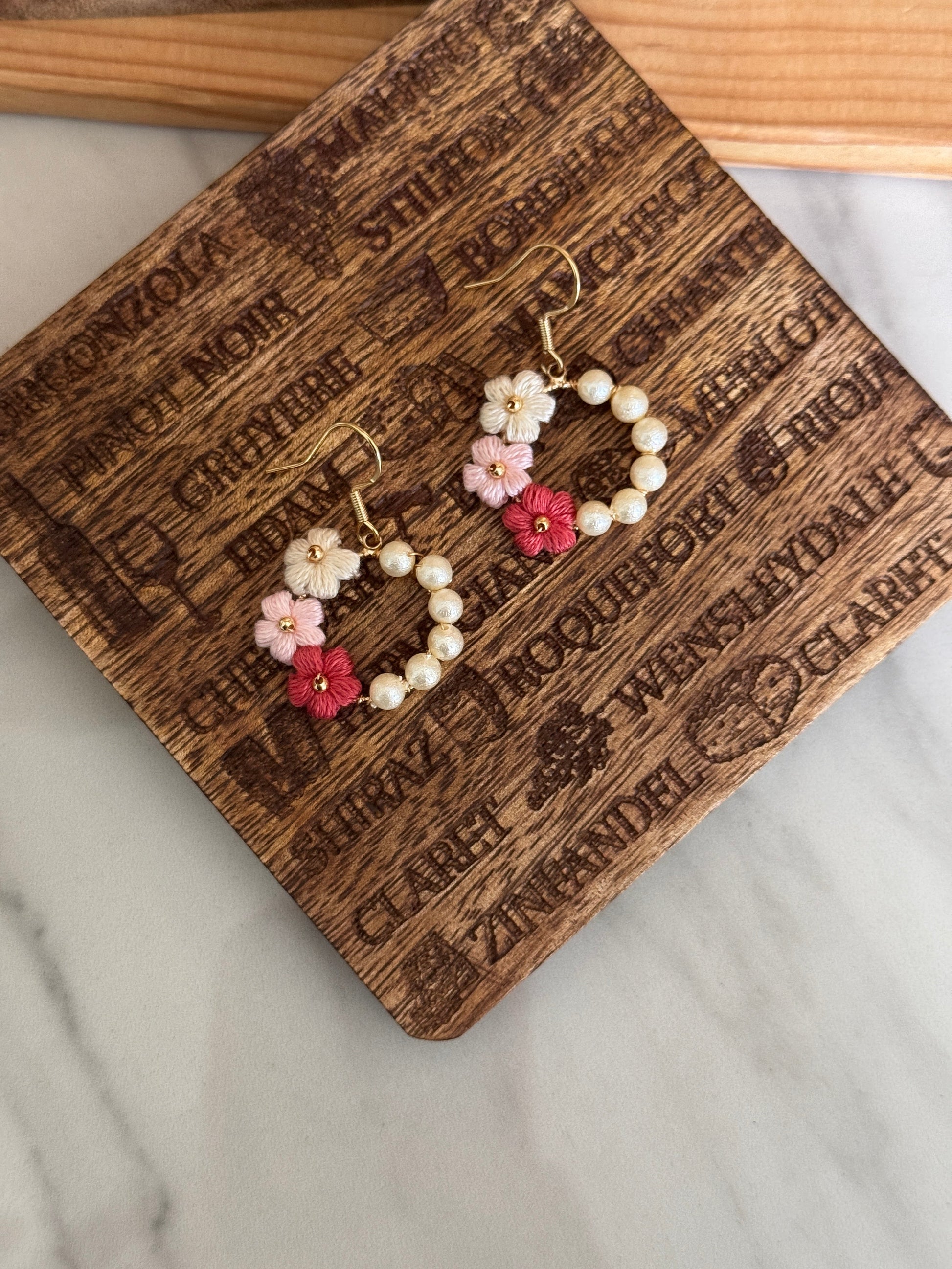 Elegant Burgundy Flower with pearl circle Micro crochet Earrings