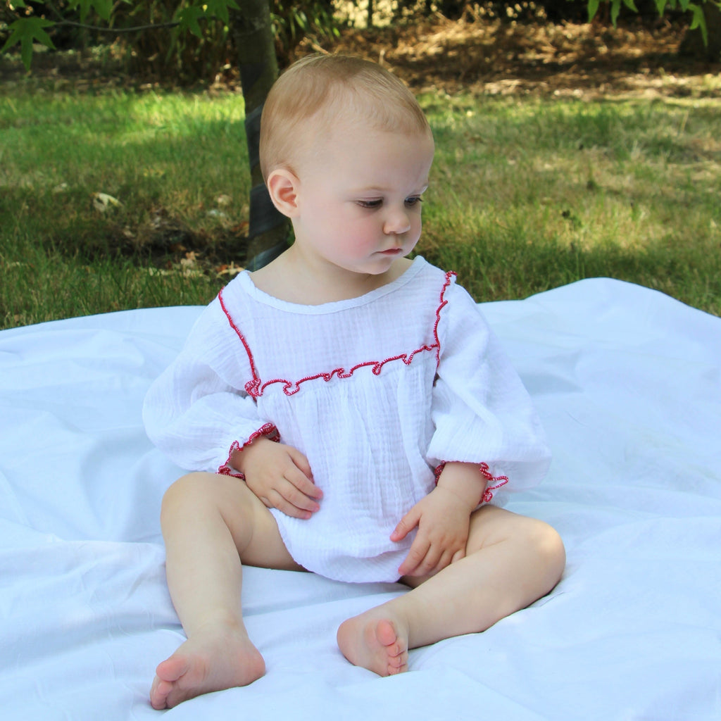 Organic Muslin - Red Ruffle Romper
