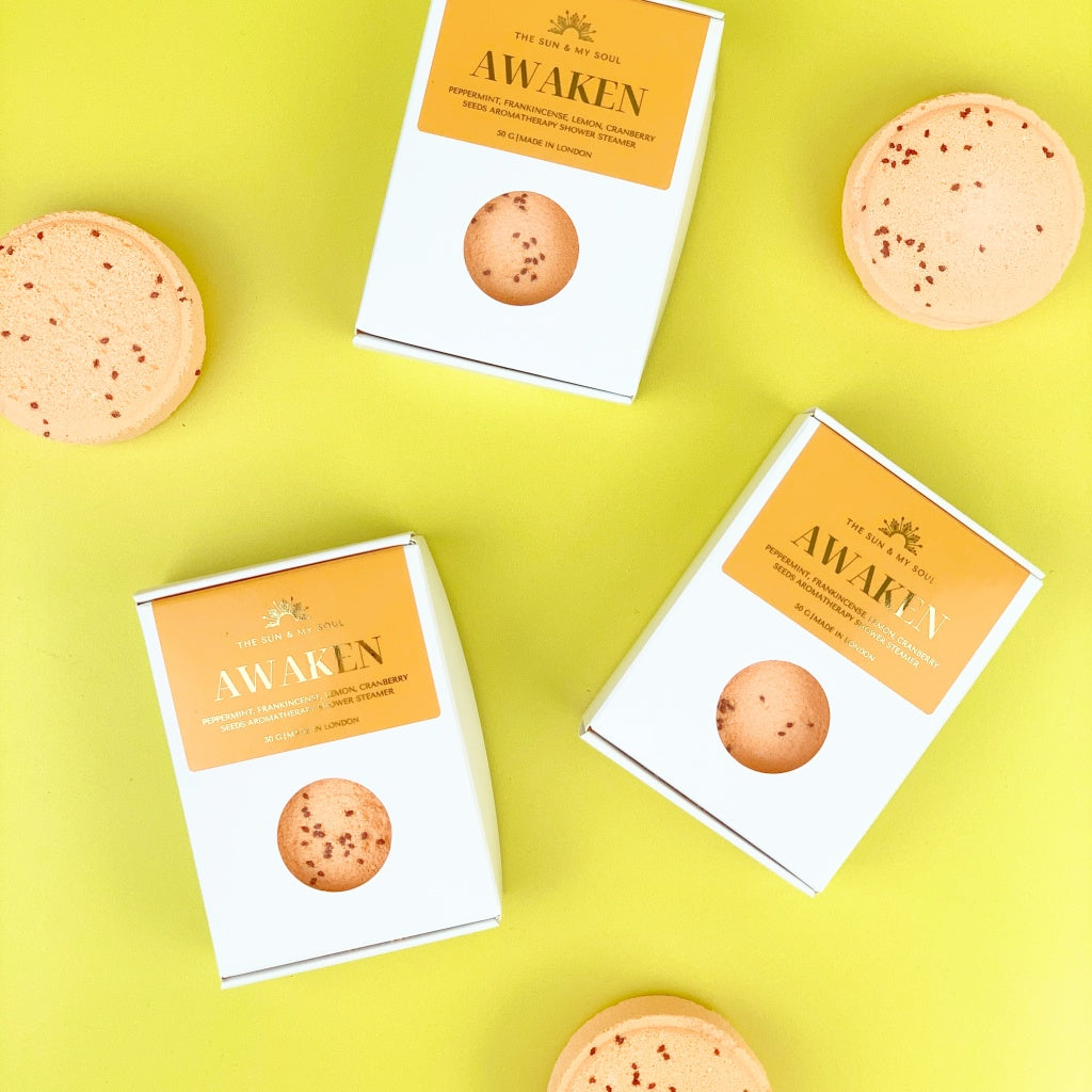 Awaken Aromatherapy Shower Steamer with Peppermint, Frankincense, Lemon and Cranberry Seeds