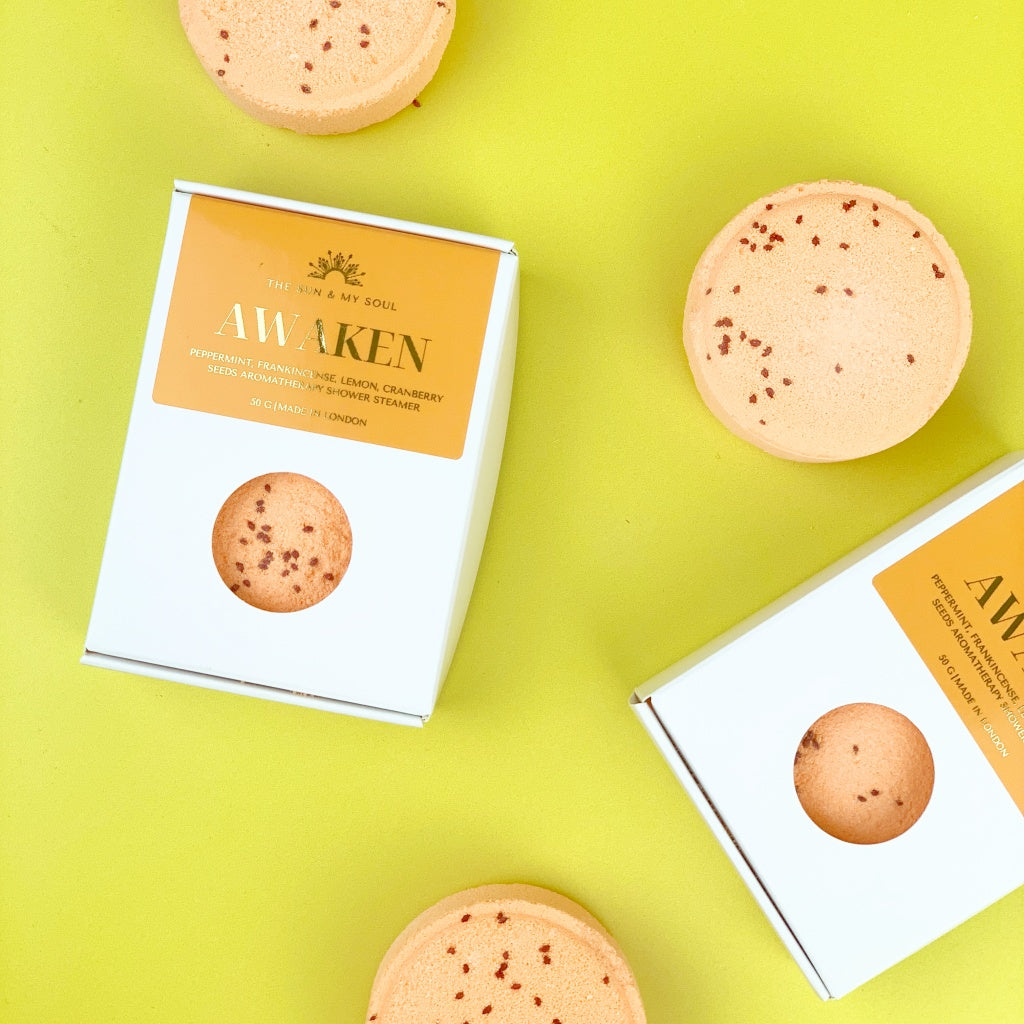 Awaken Aromatherapy Shower Steamer with Peppermint, Frankincense, Lemon and Cranberry Seeds